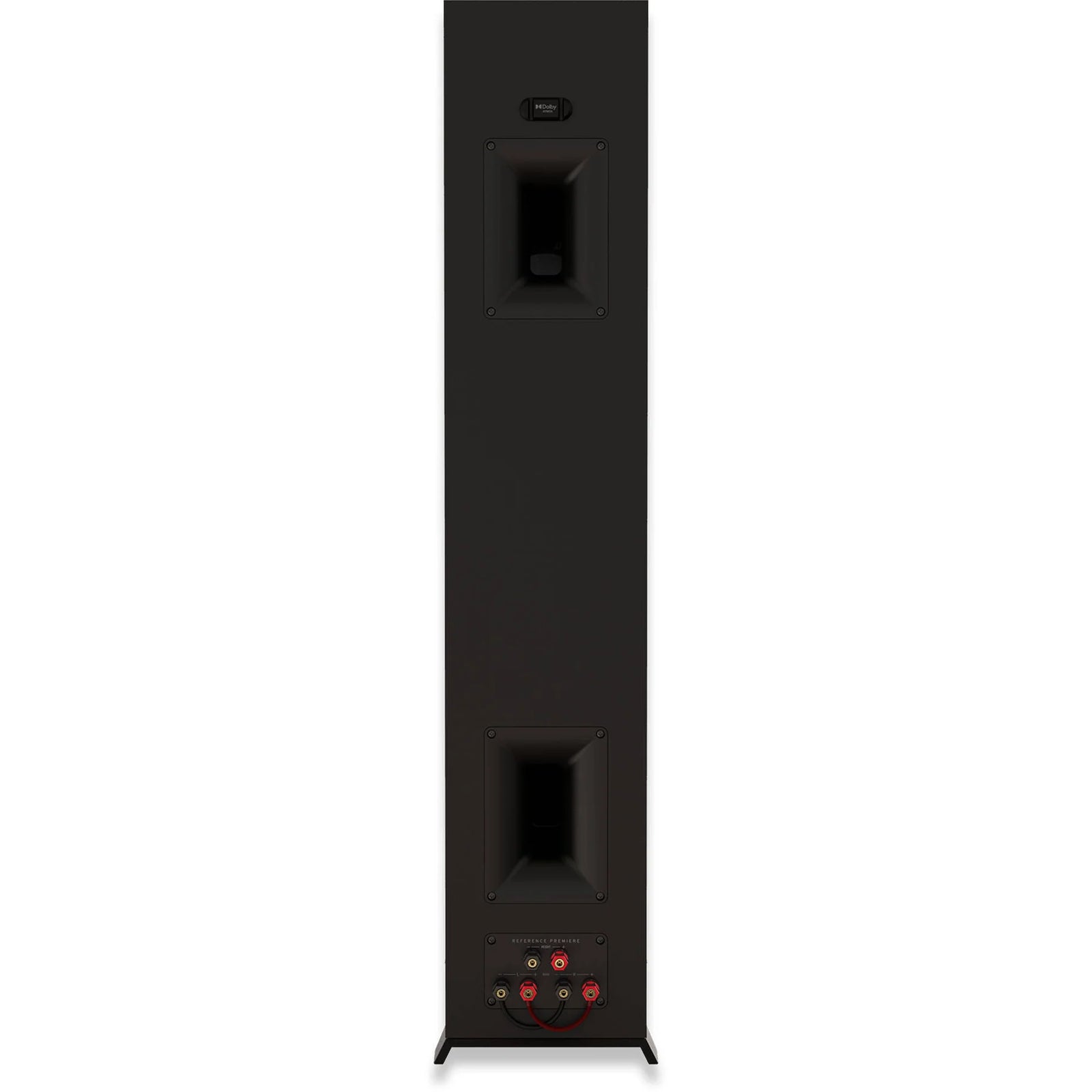 Rear view of Klipsch RP-5000F displaying dual binding posts for bi-wire/bi-amp capabilities and rear-firing Tractrix® port