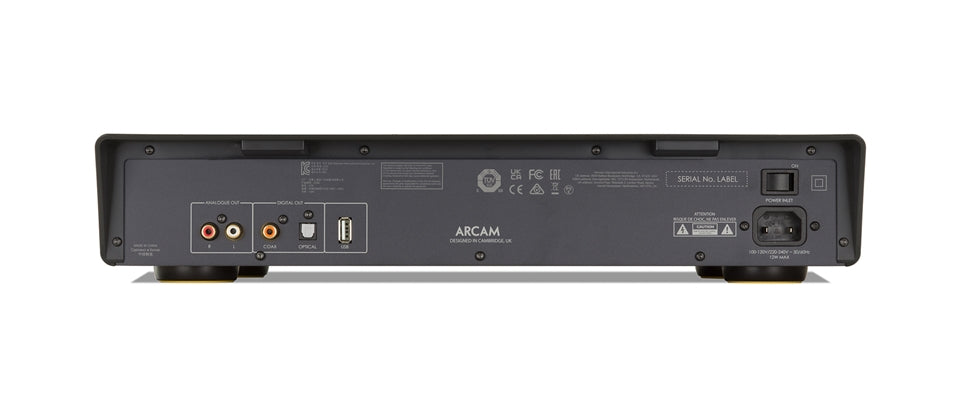 The ARCAM CD5 is for those intimate listening experiences with your favourite music on Compact Disc. Frequency Response (fi lter 1) 20Hz - 20kHz ±0.05dBMax Analogue Output (0dBFS) 2.1V rmsSNR (A-wtd, ref. 16-bit/24-bit, 0dBFS) 93dB/115dBMains Voltage & Power Consumption AC 100-240V, 50/60 Hz, 12W Dimensions W x D x H (including feet) 431 x 344 x 83mm