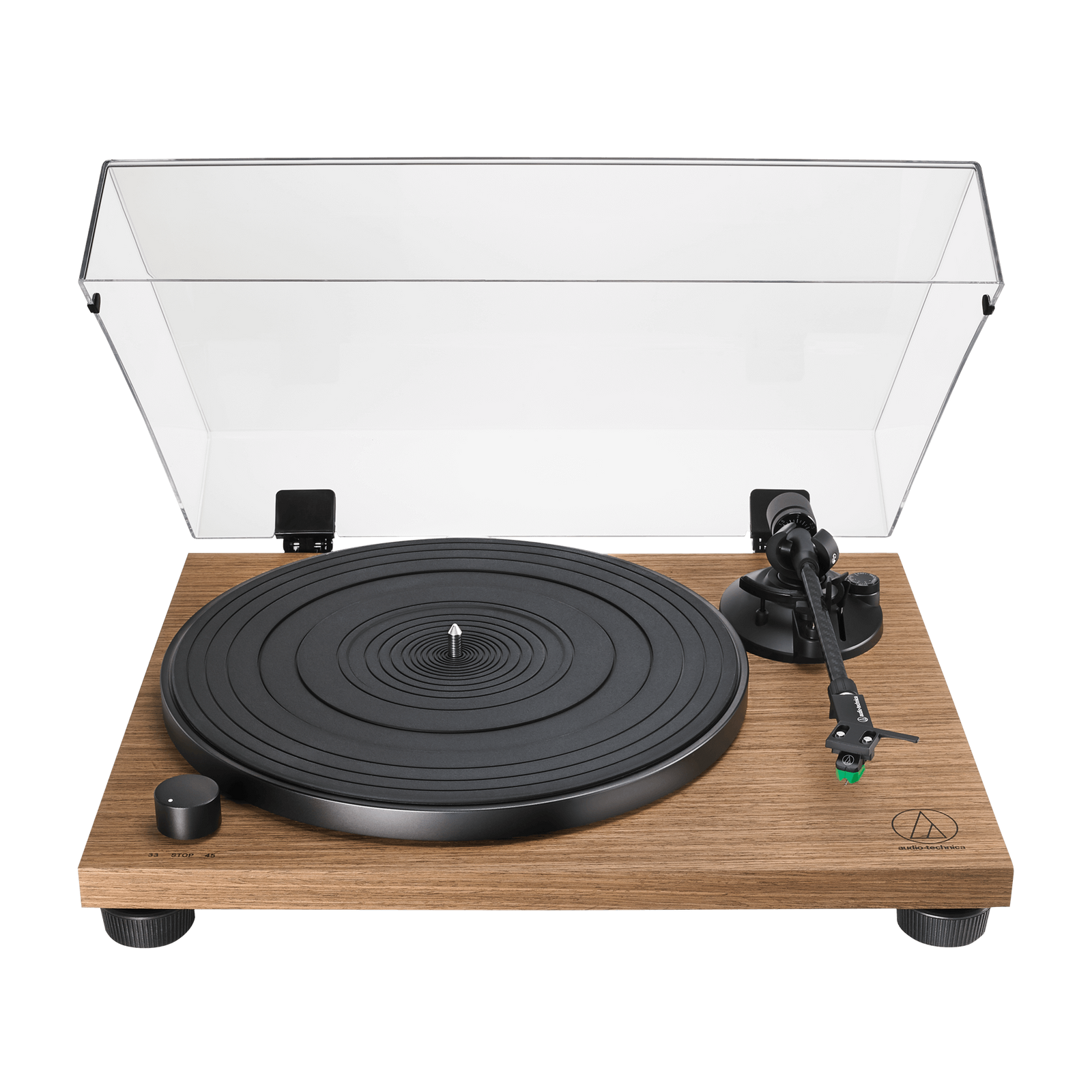 The AT-LPW40WN is a fully manual, belt-drive turntable designed to give you optimal high-fidelity audio reproduction from vinyl. The turntable includes a straight carbon-fiber tonearm with adjustable tracking force and an AT-HS4 universal ½"-mount headshell with an AT-VM95E Dual Moving Magnet phono cartridge. 