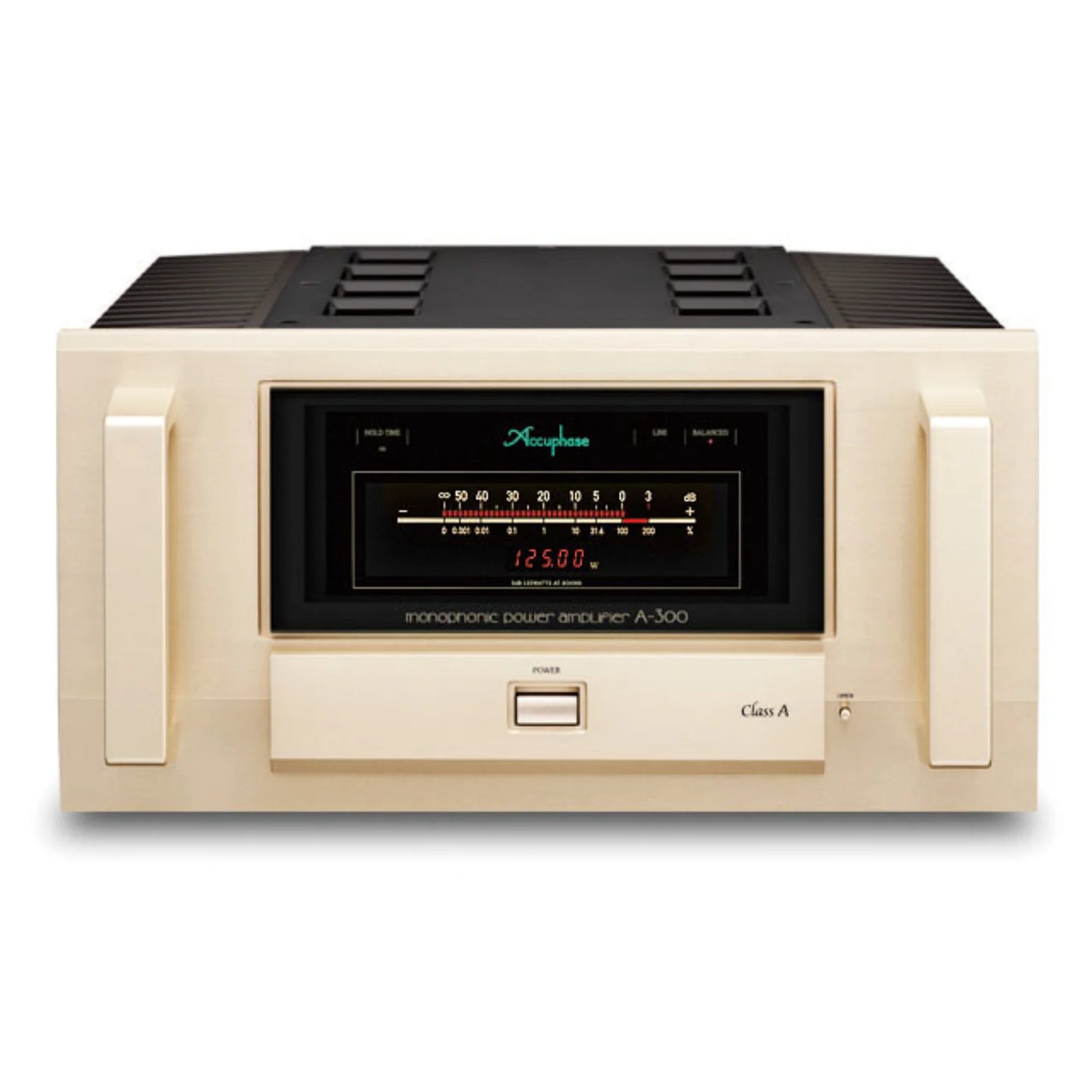 Accuphase A-300 Mono Power Amplifier Product Details & Specifications: Created to mark our 50th anniversary, the A-300 redefines the ideal for Class A power amplifiers. 20-parallel push-pull power MOS-FETs in the output stage improves performance by 25% over conventional models with outputs of 125 W into 8 ohms, 250 W into 4 ohms, 500 W into 2 ohms, and 1,000 W into 1 ohm that set the stage for enviable constant-voltage drive.