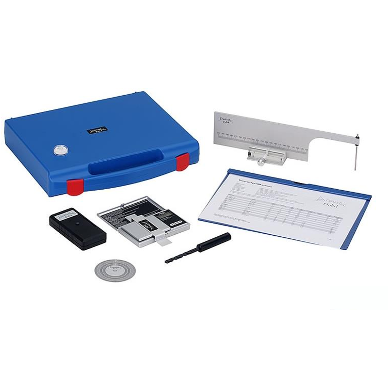Acoustic Solid Suitcase with the setup tools Contains – Stroboscope  lamp, stroboscope disc, record middle hole drill,  electronic tracking force balance, universal tonearm  template & a printed tone arm data base.
