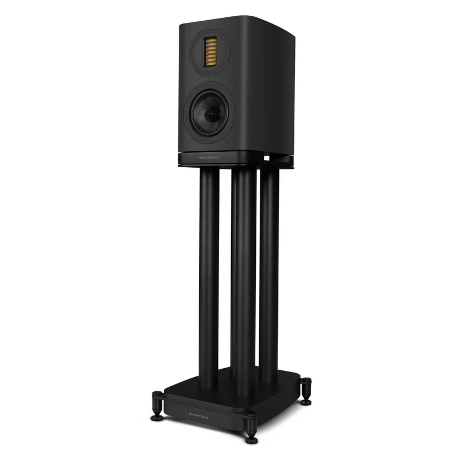 WHARFEDALE EVO 5.1 5” 2-way Bookshelf Speaker with stands in Black finish standing against a white backdrop. This is available to shop at Vinyl Sound.