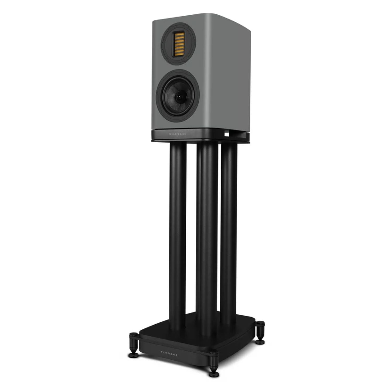 WHARFEDALE EVO 5.1 5” 2-way Bookshelf Speaker with stand in Grey finish standing against a white backdrop. This is available to shop at Vinyl Sound.