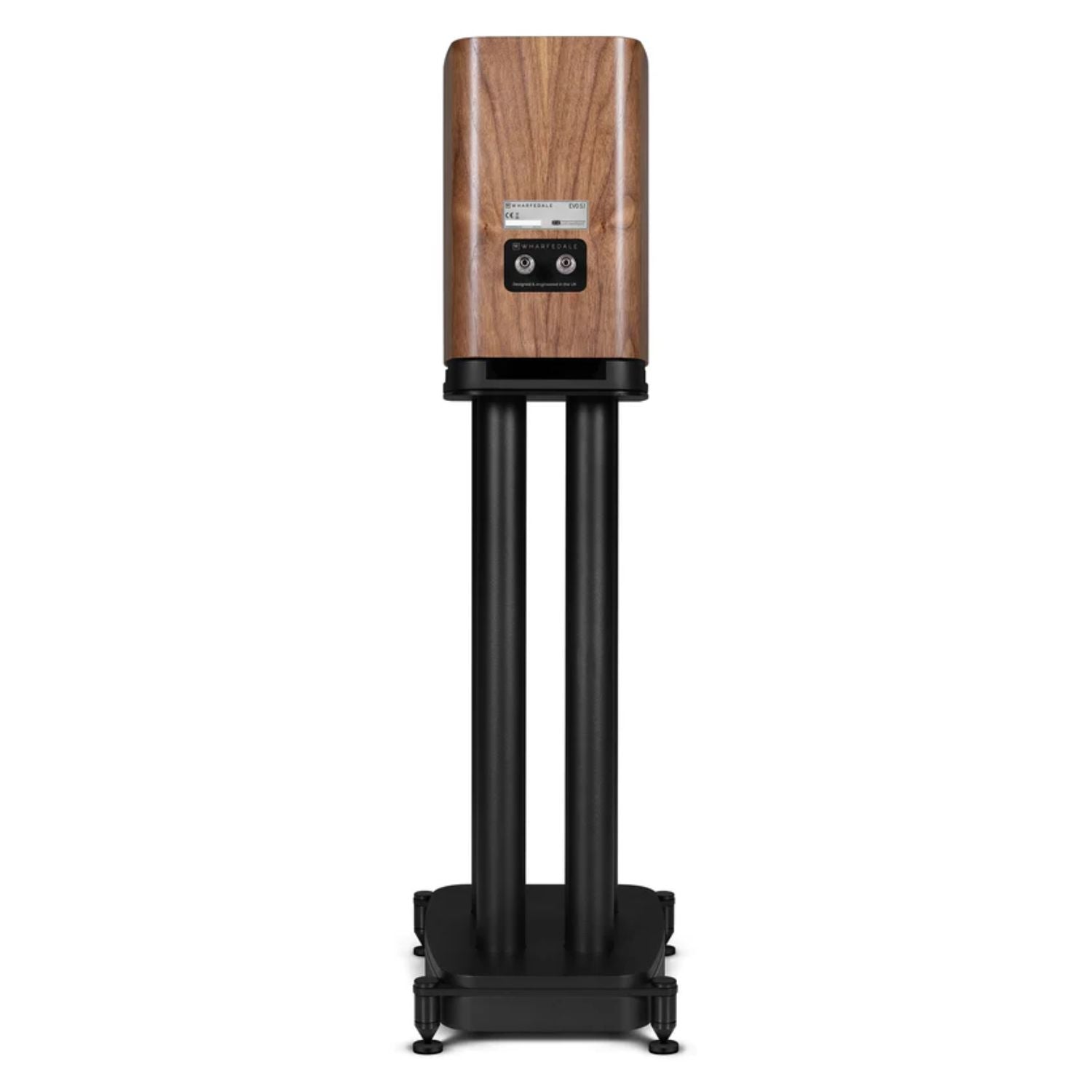 WHARFEDALE EVO 5.1 5” 2-way Bookshelf Speaker with stands in Walnut finish standing against a white backdrop displaying it's connectors at the back. This is available to shop at Vinyl Sound.