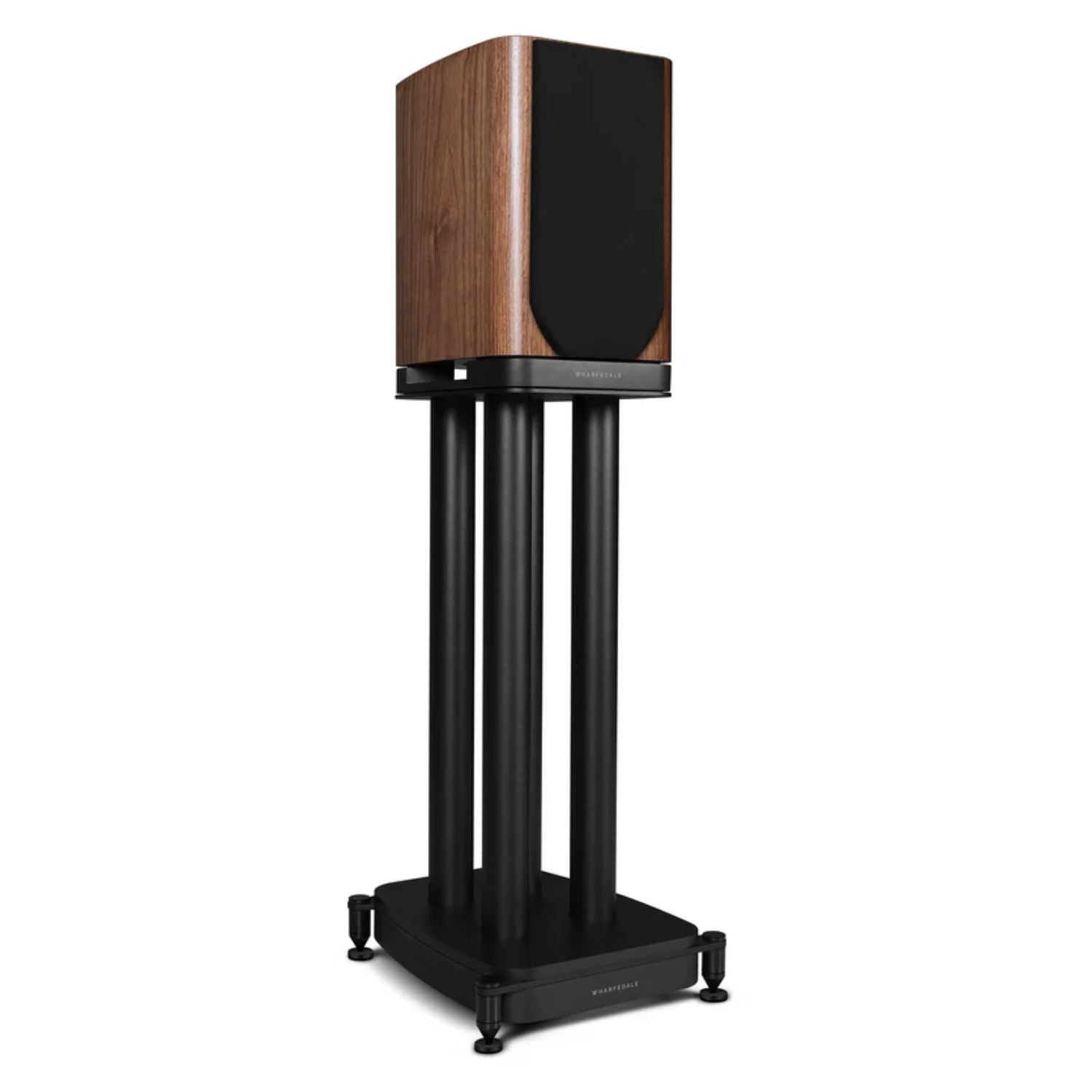 WHARFEDALE EVO 5.1 5” 2-way Bookshelf Speaker with front cover in Walnut finish standing against a white backdrop. This is available to shop at Vinyl Sound.