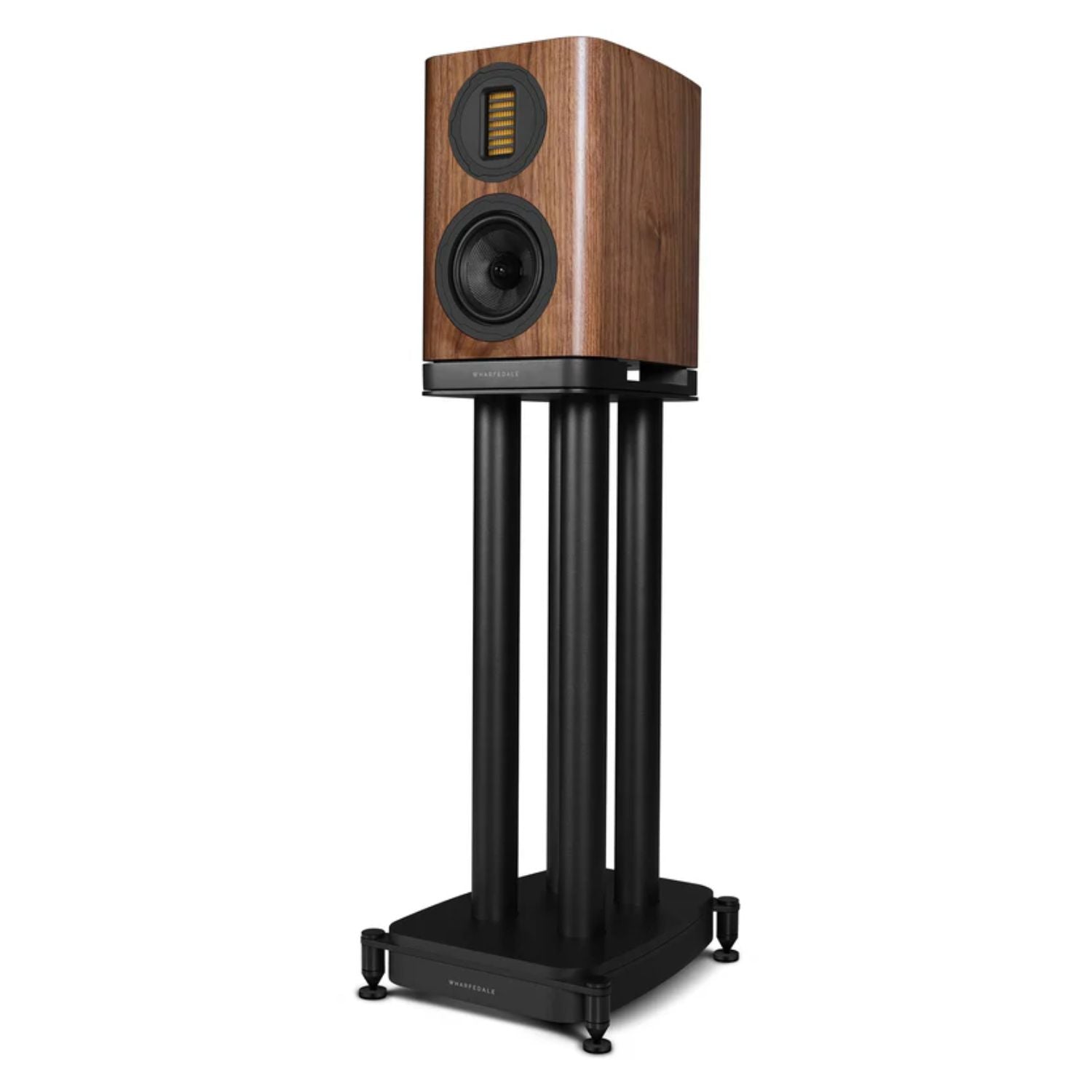 WHARFEDALE EVO 5.1 5” 2-way Bookshelf Speaker with stand in walnut finish standing against a white backdrop. This is available to shop at Vinyl Sound.