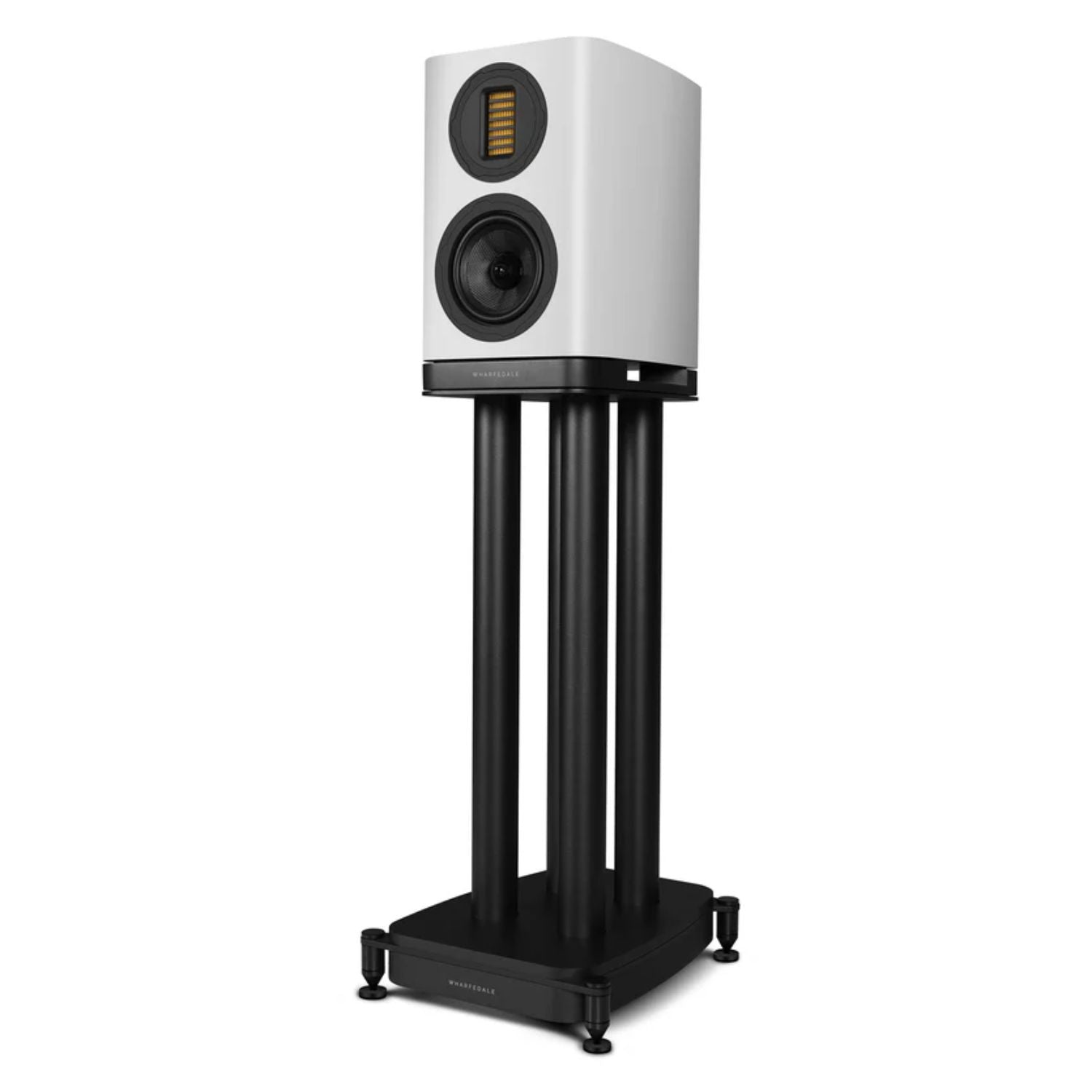 WHARFEDALE EVO 5.1 5” 2-way Bookshelf Speaker with stands in white finish standing against a white backdrop. This is available to shop at Vinyl Sound.