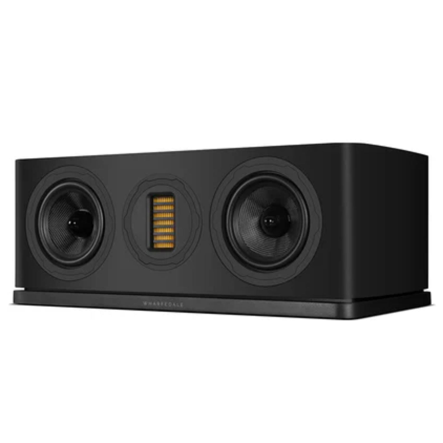 WHARFEDALE EVO 5.C Center Channel Speaker in Black finish sitting against a white backdrop. This is available to shop at Vinyl Sound.
