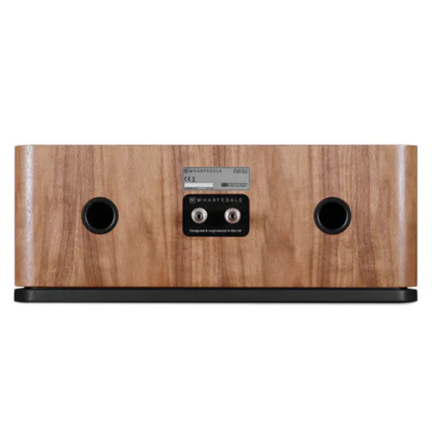 WHARFEDALE EVO 5.C Center Channel Speaker in walnut finish sitting against a white backdrop displaying the back connectors. This is available to shop at Vinyl Sound.