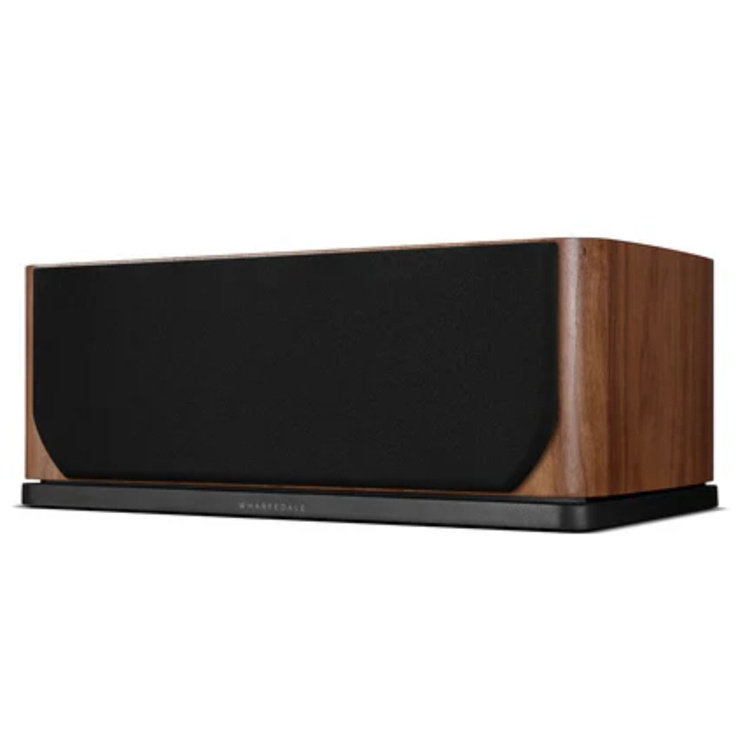 WHARFEDALE EVO 5.C Center Channel Speaker with front cover in Walnut finish sitting against a white backdrop. This is available to shop at Vinyl Sound.