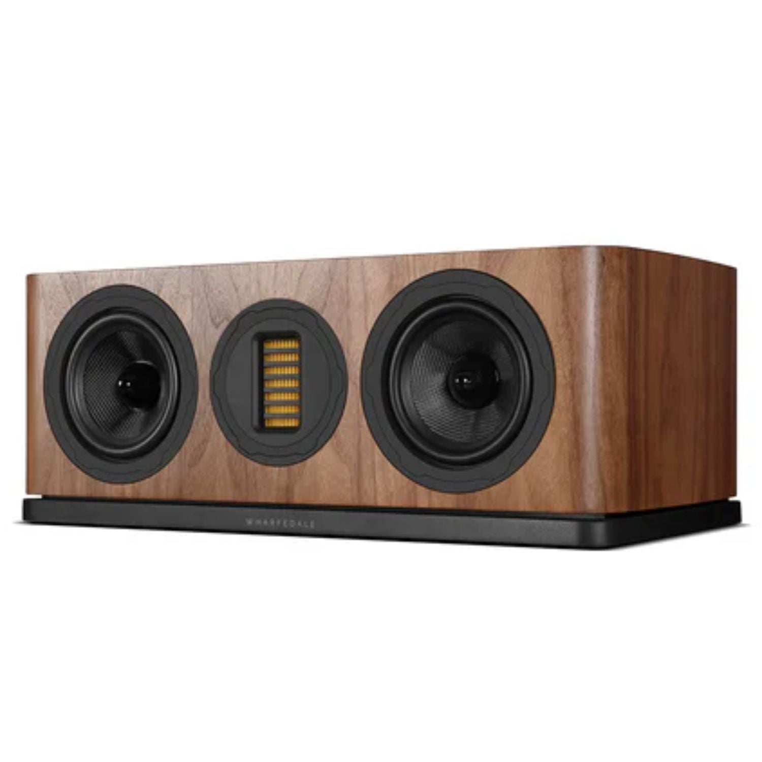WHARFEDALE EVO 5.C Center Channel Speaker in Walnut finish sitting against a white backdrop. This is available to shop at Vinyl Sound.