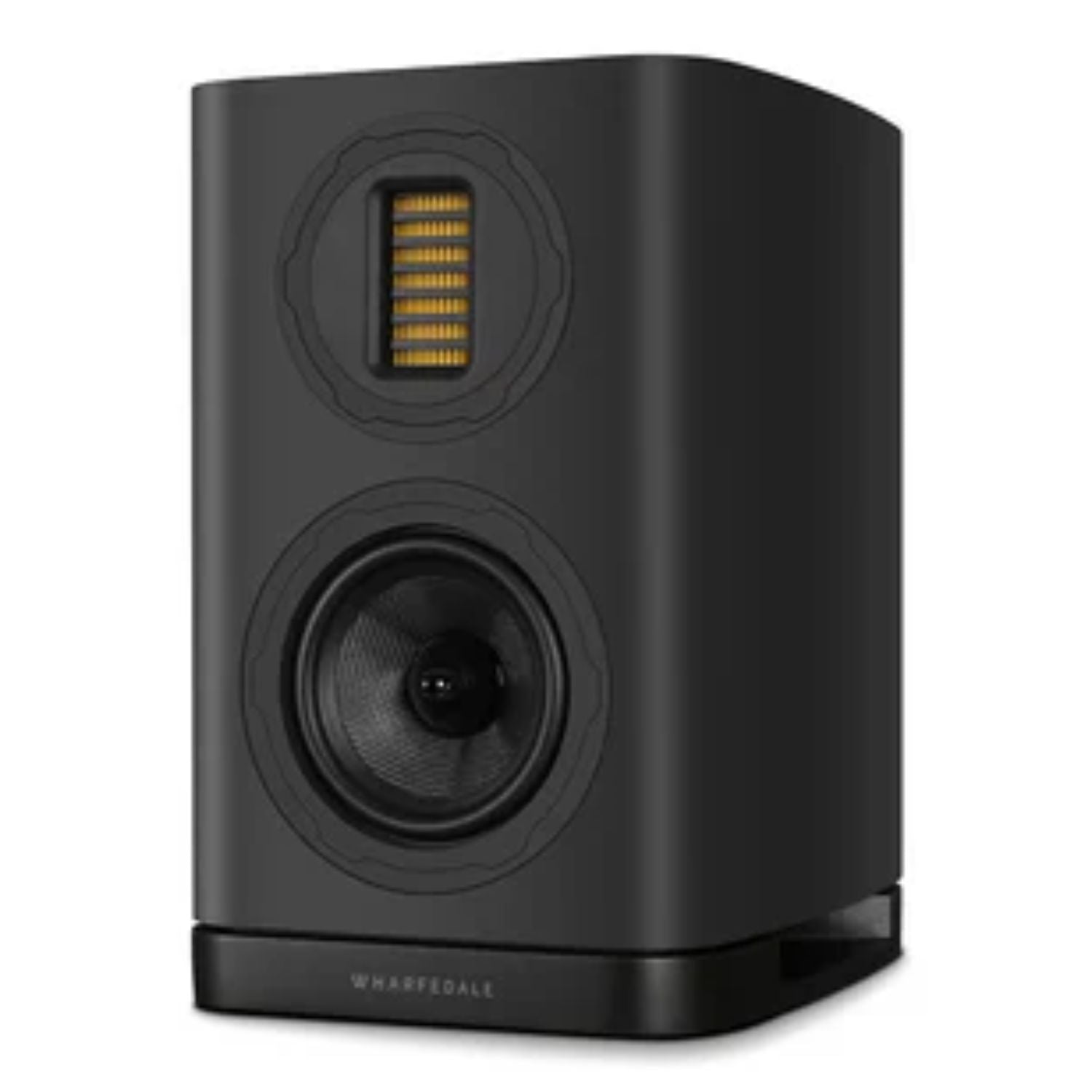WHARFEDALE EVO 5.1 5” 2-way Bookshelf Speaker in Black finish standing against a white backdrop. This is available to shop at Vinyl Sound.