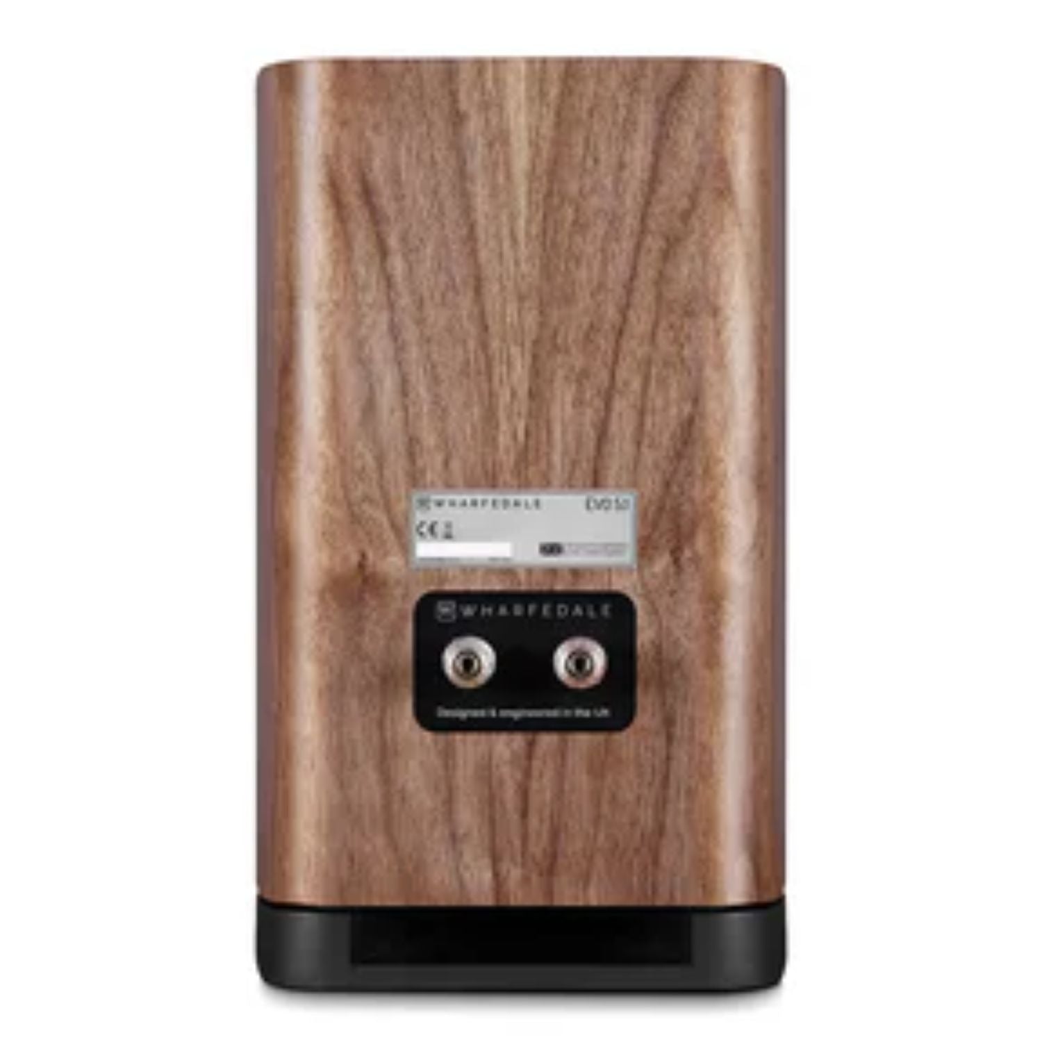 WHARFEDALE EVO 5.1 5” 2-way Bookshelf Speaker in Walnut finish standing against a white backdrop displaying it's connectors at the back. This is available to shop at Vinyl Sound.