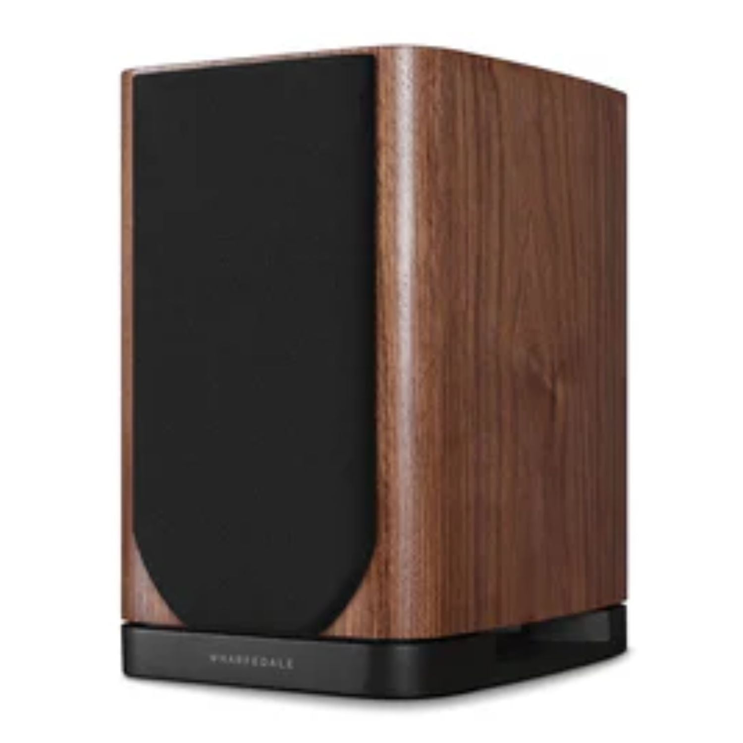WHARFEDALE EVO 5.1 5” 2-way Bookshelf Speaker with front cover in Walnut finish standing against a white backdrop. This is available to shop at Vinyl Sound.