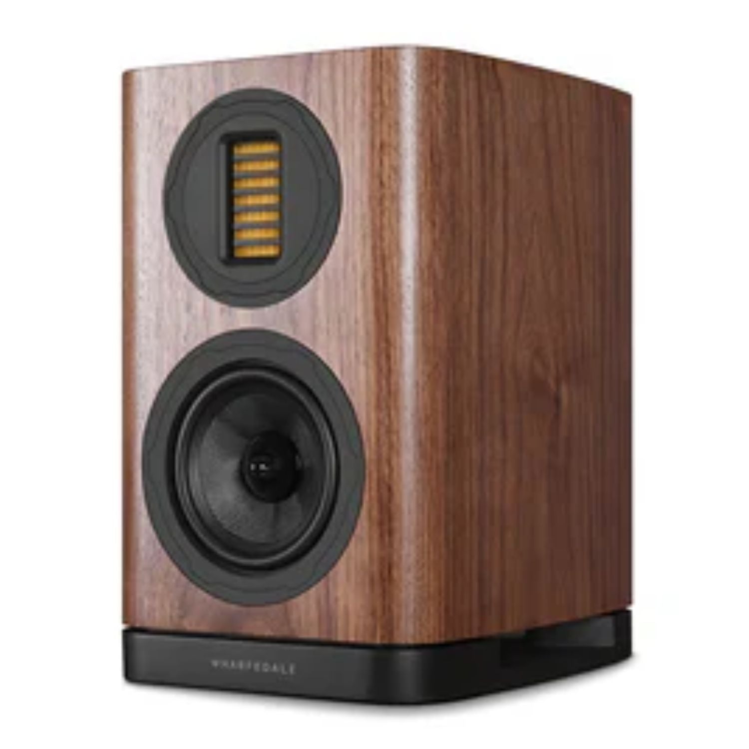 WHARFEDALE EVO 5.1 5” 2-way Bookshelf Speaker in Walnut finish standing against a white backdrop. This is available to shop at Vinyl Sound.
