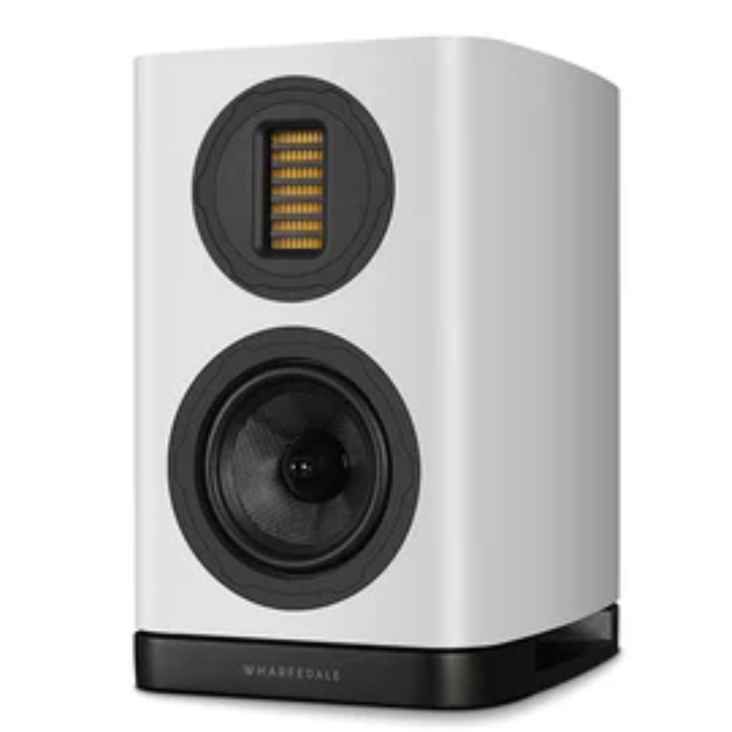 WHARFEDALE EVO 5.1 5” 2-way Bookshelf Speaker in white finish standing against a white backdrop. This is available to shop at Vinyl Sound.