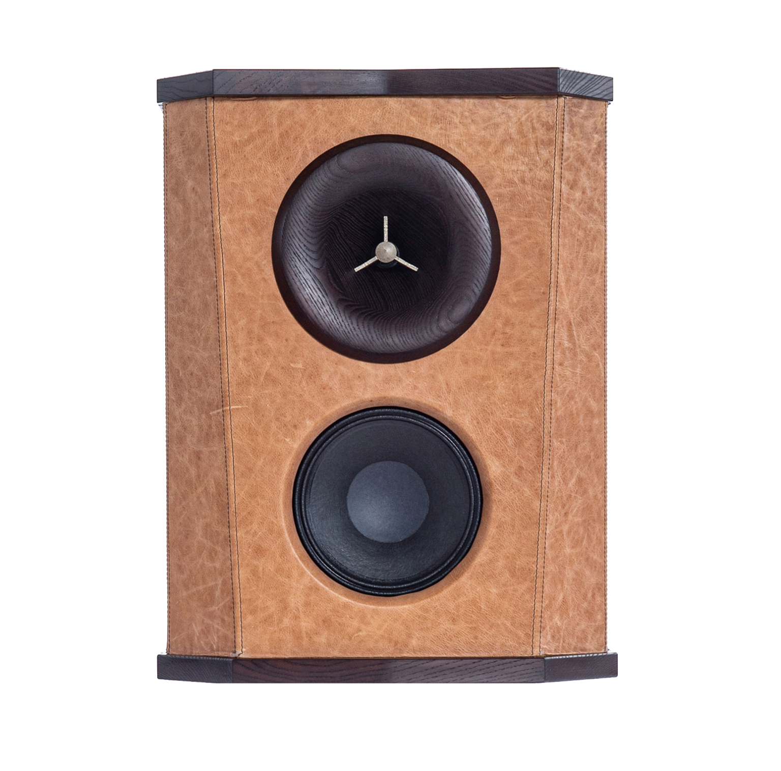 FLEETWOOD DEVILLE SQ LEATHER-WRAPPED SOLID HARDWOOD BODY SPEAKERS. The DeVille SQ (Superior Quality) is the ultimate DeVille. The entire enclosure is made out of solid Pennsylvania ash, either natural (light color) or torrefied (roasted) in either light, medium or dark. The phase plug is cast from a 3D printed sand mold in solid bronze, then patinated, polished and lacquered.