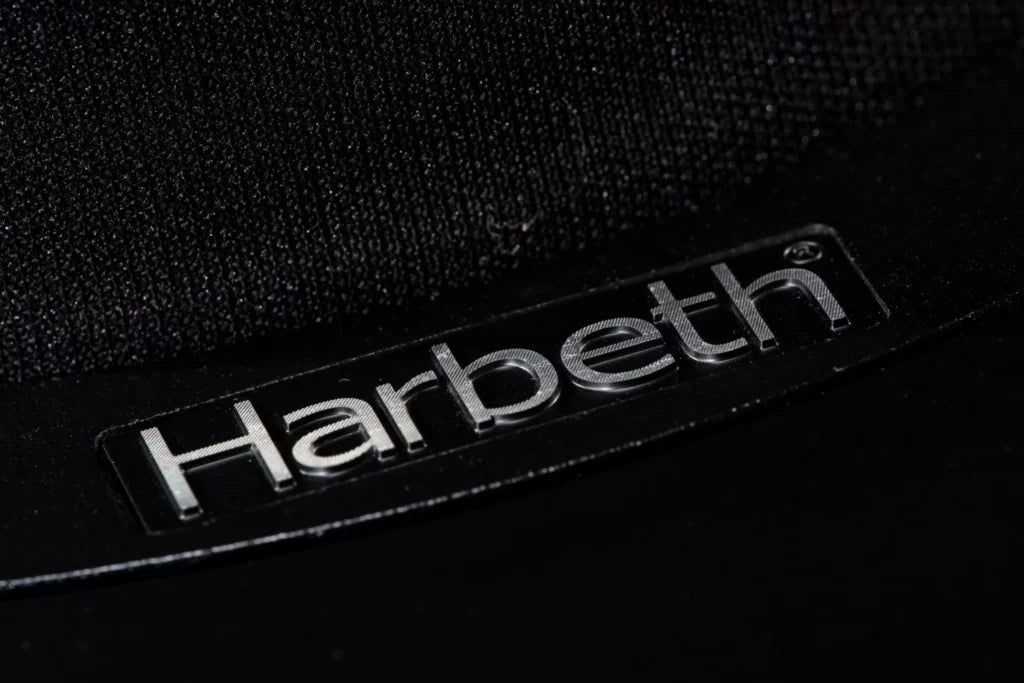 Harbeth Nelson Bass Extender Stand with wooden finish under Harbeth loudspeakers