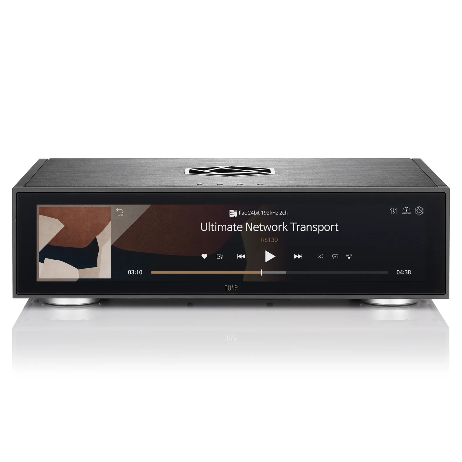 Front view of a black HiFI Rose RS130 Network Transport with digital display against a white background. This is available at Vinyl Sound for purchase.