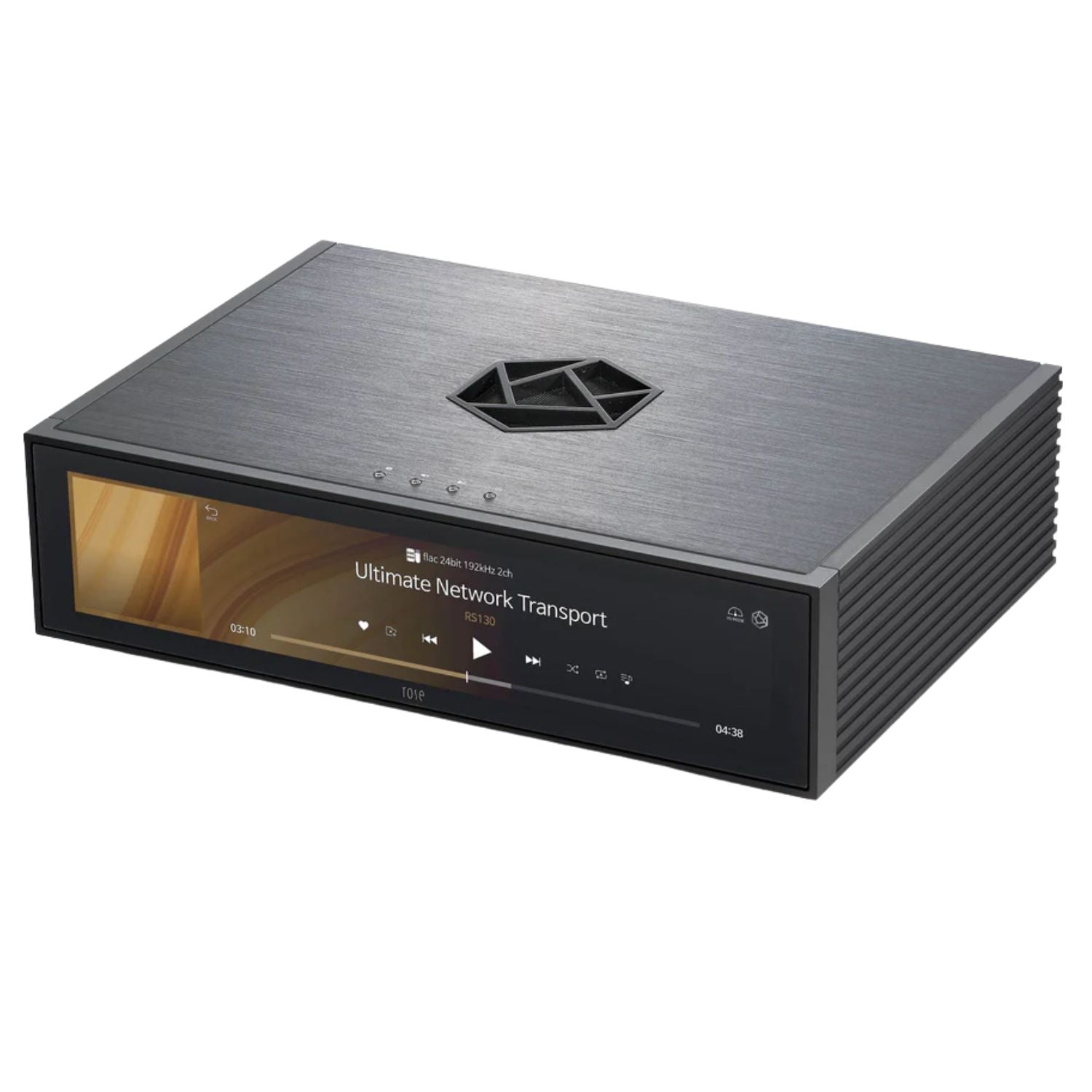 Tilted view of a black HiFI Rose RS130 Network Transport with digital display against a white background. This is available at Vinyl Sound for purchase.