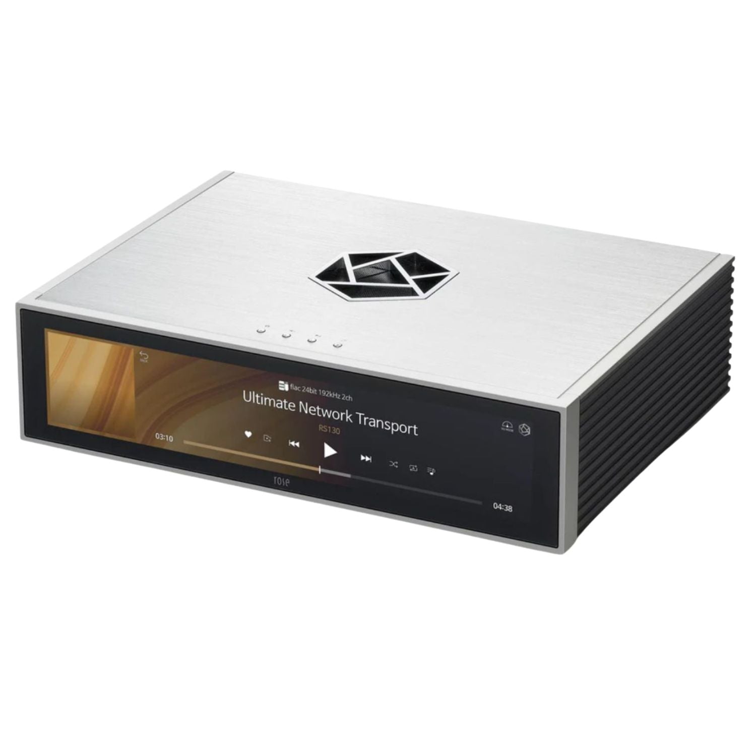 Tilted view of a silver HiFI Rose RS130 Network Transport with digital display against a white background. This is available at Vinyl Sound for purchase.