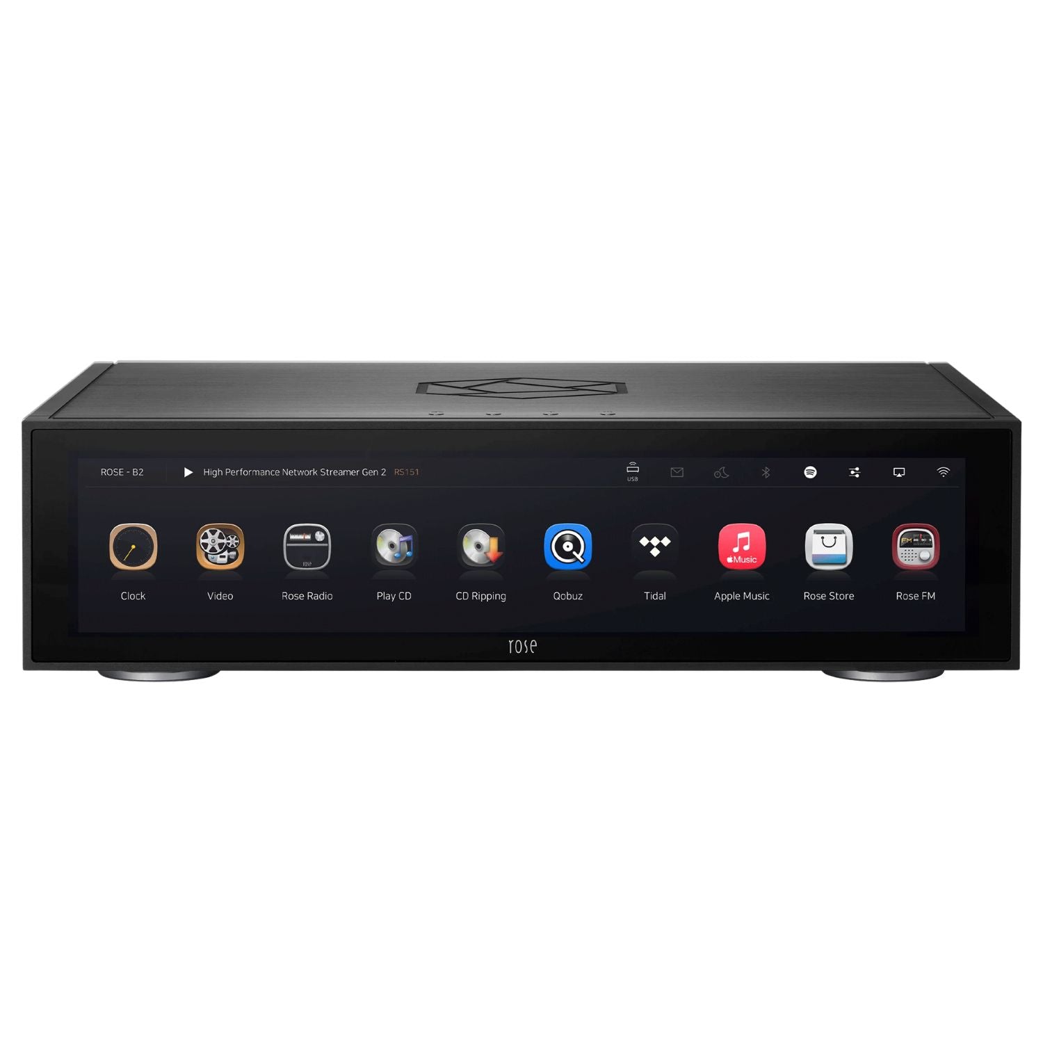 This is the front view of HiFi Rose's RS151 in black finish. It is a High Performance Network Streamer Gen2.