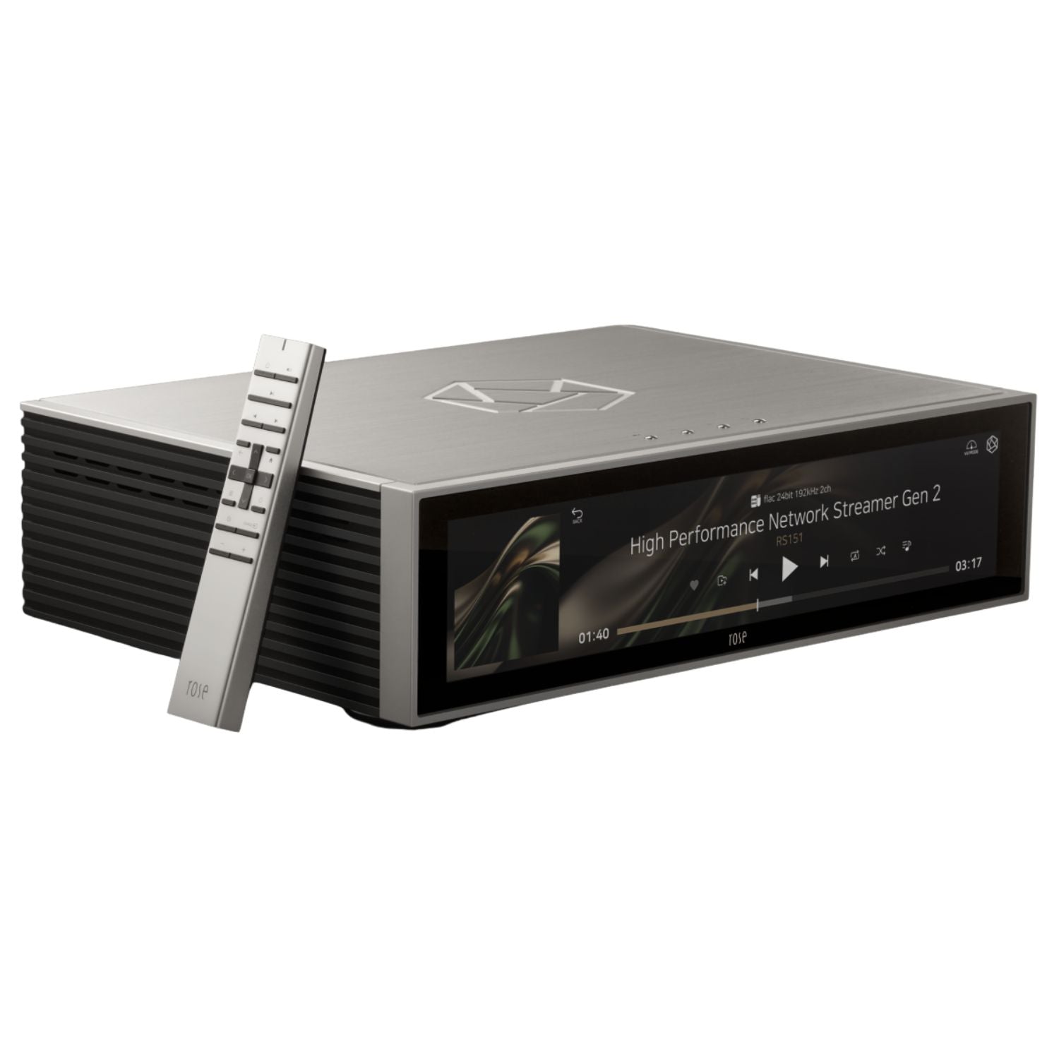 This is the side view of HiFi Rose's RS151 in silver finish. It is a High Performance Network Streamer Gen2.
