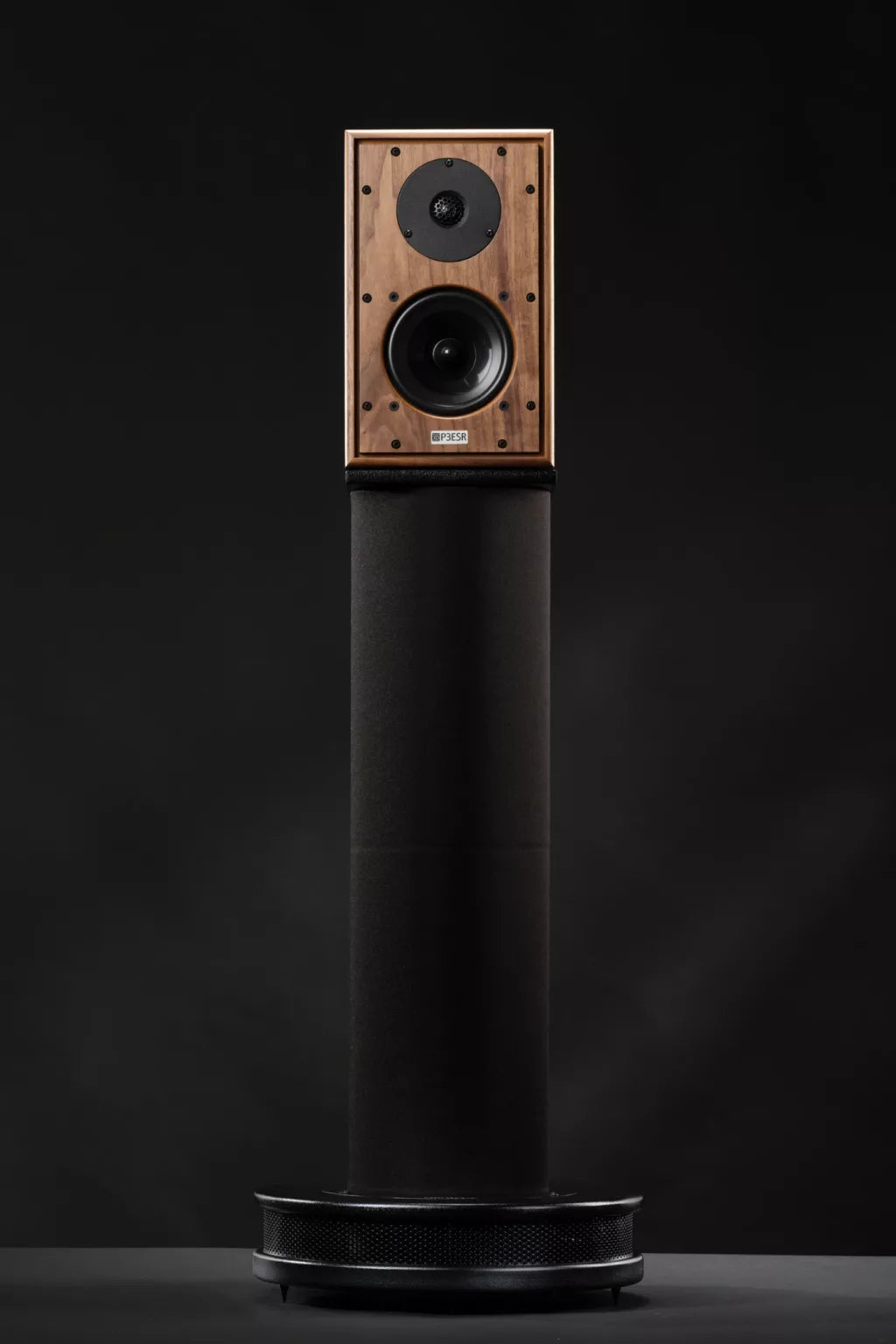 Harbeth Nelson Bass Extender Stand with wooden finish under Harbeth loudspeakers