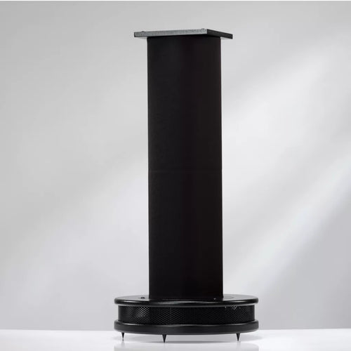 Harbeth Nelson Bass Extender Stand with wooden finish under Harbeth loudspeakers