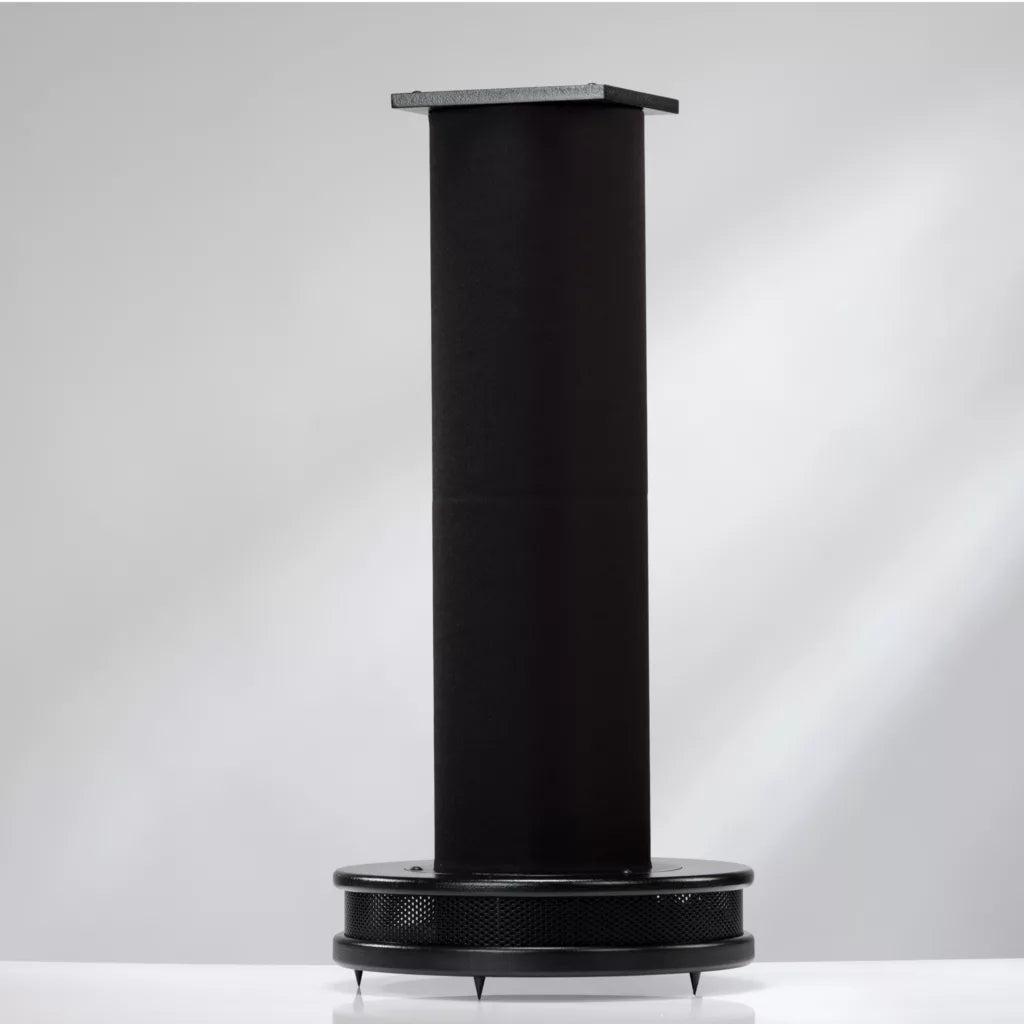 Harbeth Nelson Bass Extender Stand with wooden finish under Harbeth loudspeakers