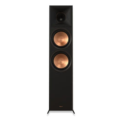 Klipsch RP-8000F floorstanding speaker featuring dual 8-inch copper-spun Cerametallic woofers and a 1-inch titanium tweeter with Tractrix horn.