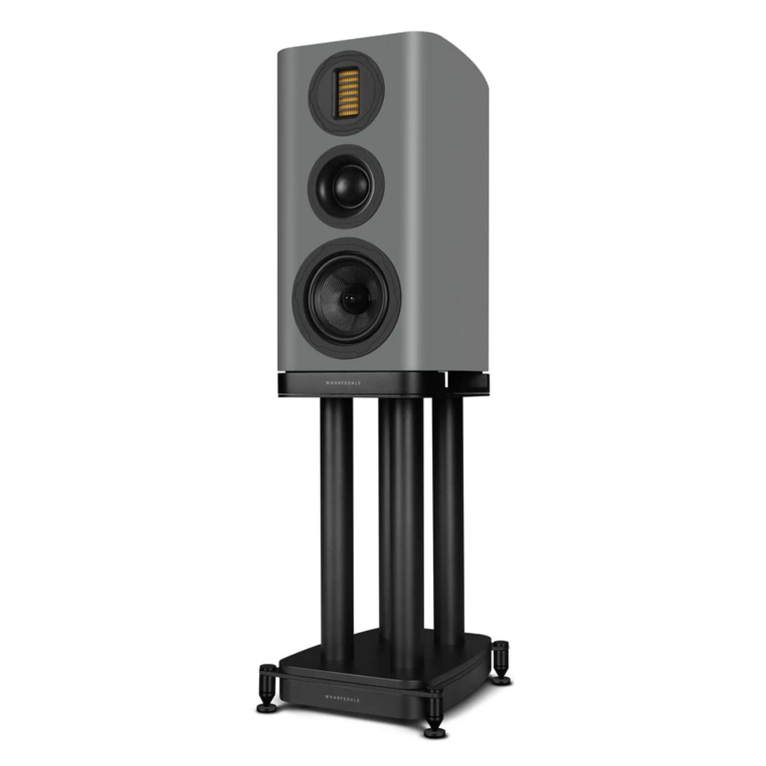 WHARFEDALE EVO 5.2 6” 3-way Standmount Speaker With
Stands in Grey color standing against a white backdrop. This is available to shop at Vinyl Sound.