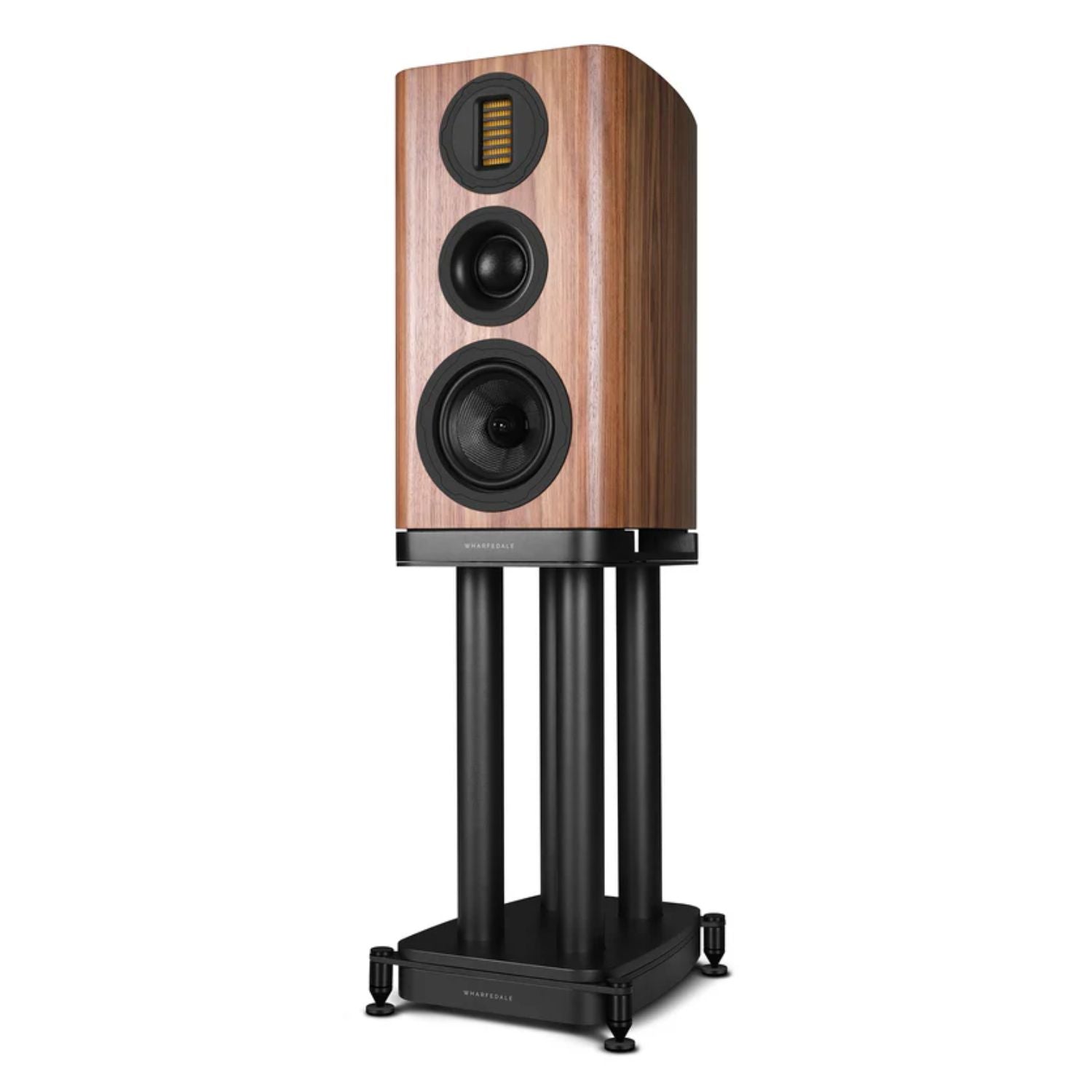 WHARFEDALE EVO 5.2 6” 3-way Standmount Speaker With
Stands in Walnut color standing against a white backdrop. This is available to shop at Vinyl Sound.