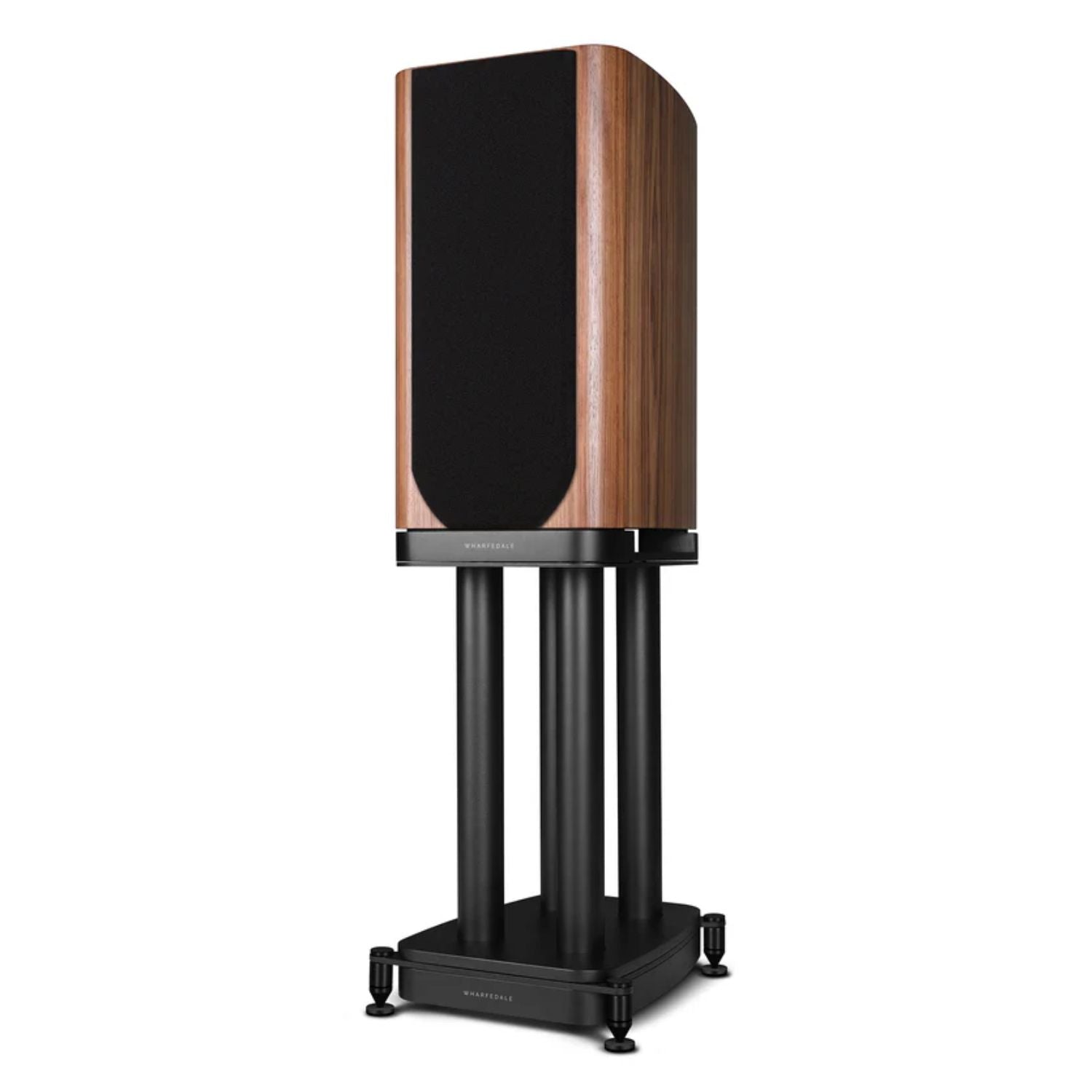 WHARFEDALE EVO 5.2 6” 3-way Standmount Speaker With
Stands in Walnut color standing against a white backdrop without its cover. This is available to shop at Vinyl Sound.