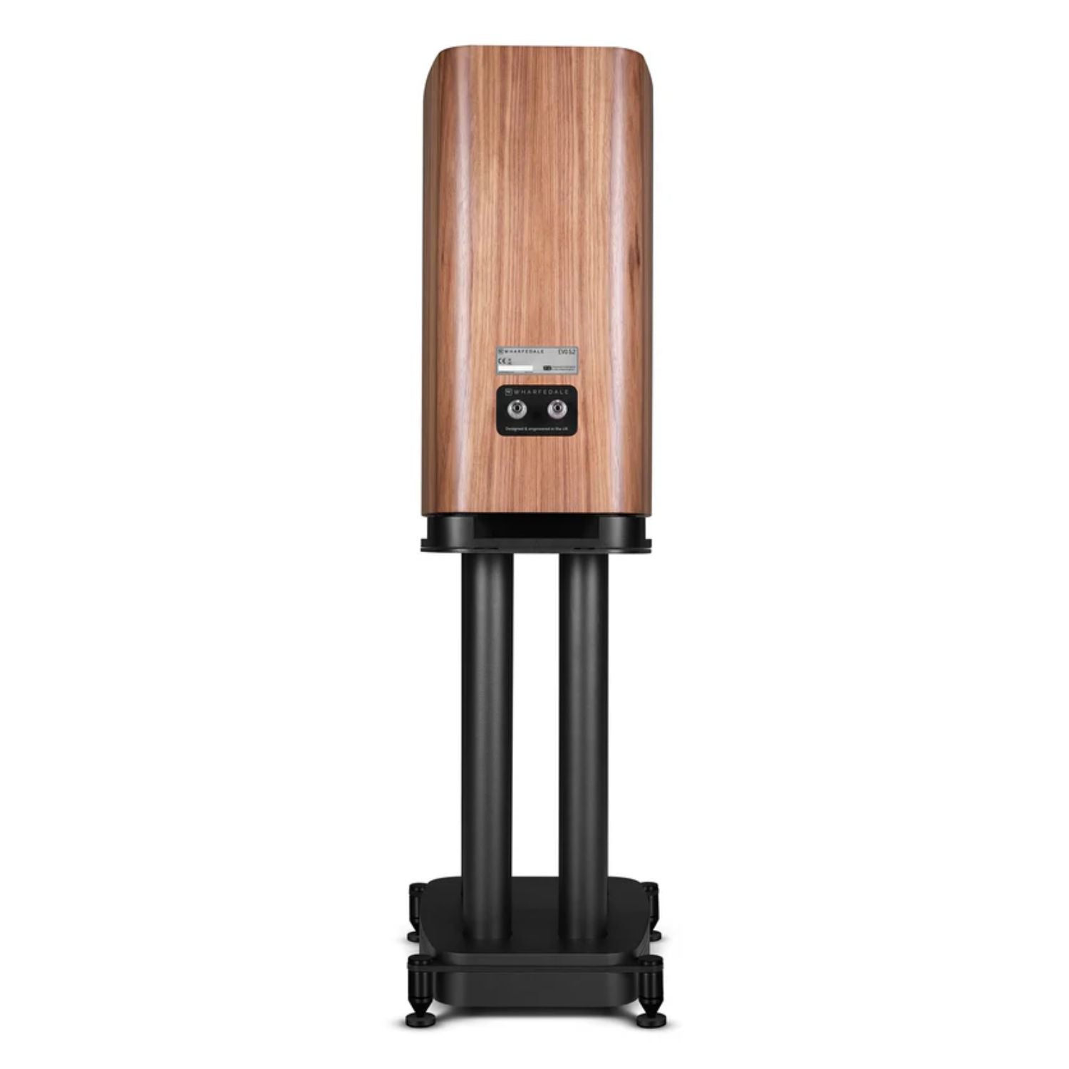 WHARFEDALE EVO 5.2 6” 3-way Standmount Speaker With
Stands in Walnut color standing against a white backdrop showing it's connections at the back. This is available to shop at Vinyl Sound.