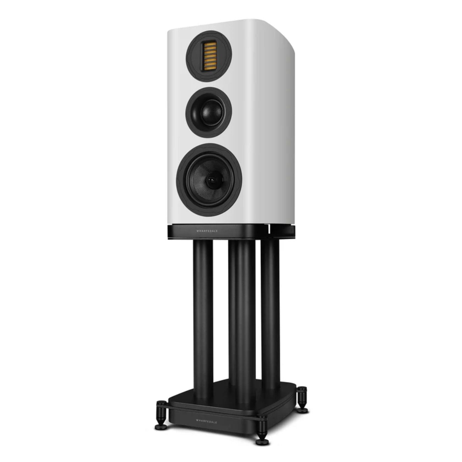 WHARFEDALE EVO 5.2 6” 3-way Standmount Speaker With
Stands in White color standing against a white backdrop. This is available to shop at Vinyl Sound.