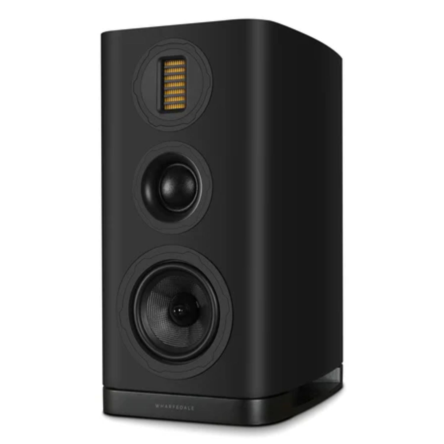 WHARFEDALE EVO 5.2 - 6” 3-way Standmount Bookshelf Speaker in Black color standing against a white backdrop. This is available to shop at Vinyl Sound.