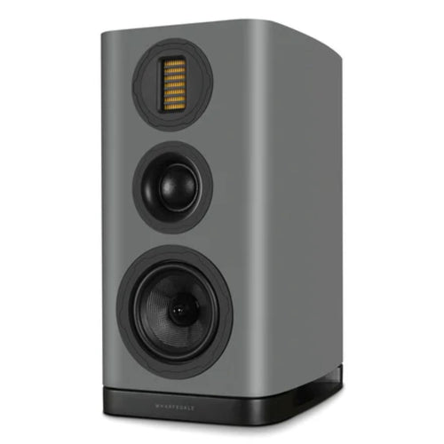 WHARFEDALE EVO 5.2 - 6” 3-way Standmount Bookshelf Speaker in Grey color standing against a white backdrop. This is available to shop at Vinyl Sound.