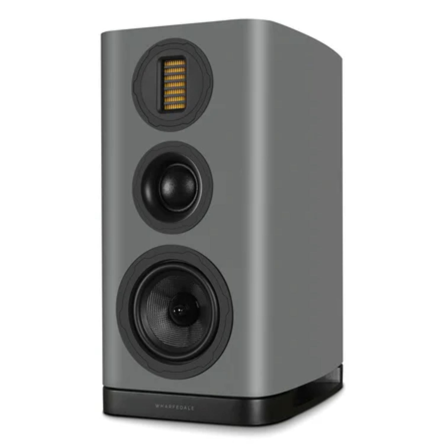 WHARFEDALE EVO 5.2 - 6” 3-way Standmount Bookshelf Speaker in Grey color standing against a white backdrop. This is available to shop at Vinyl Sound.