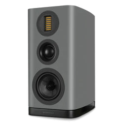 WHARFEDALE EVO 5.2 - 6” 3-way Standmount Bookshelf Speaker in Grey color standing against a white backdrop. This is available to shop at Vinyl Sound.