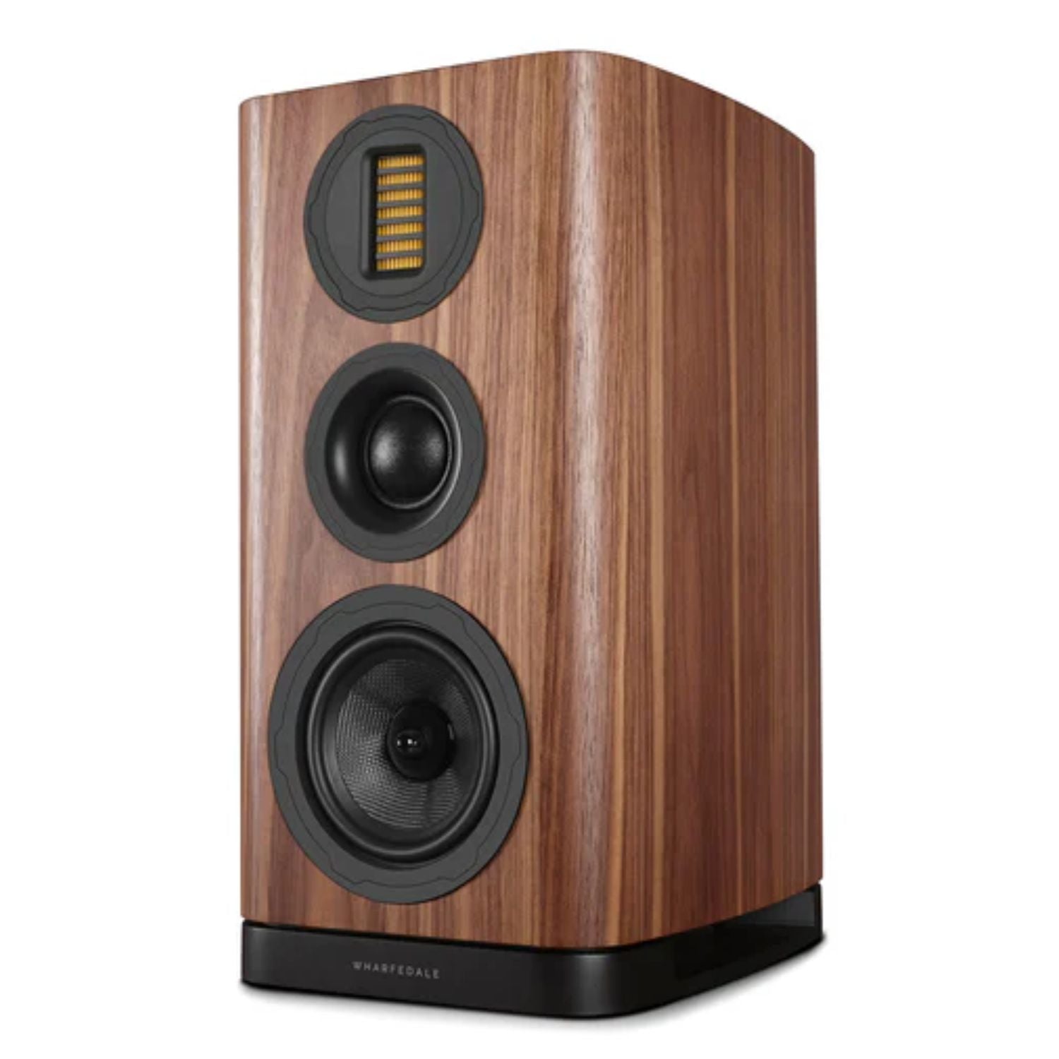 WHARFEDALE EVO 5.2 - 6” 3-way Standmount Bookshelf Speaker in Walnut finish standing against a white backdrop. This is available to shop at Vinyl Sound.