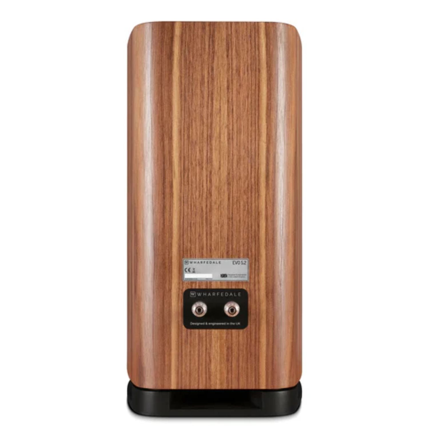 WHARFEDALE EVO 5.2 - 6” 3-way Standmount Bookshelf Speaker in Walnut finish standing against a white backdrop displaying the connectors at the back. This is available to shop at Vinyl Sound.