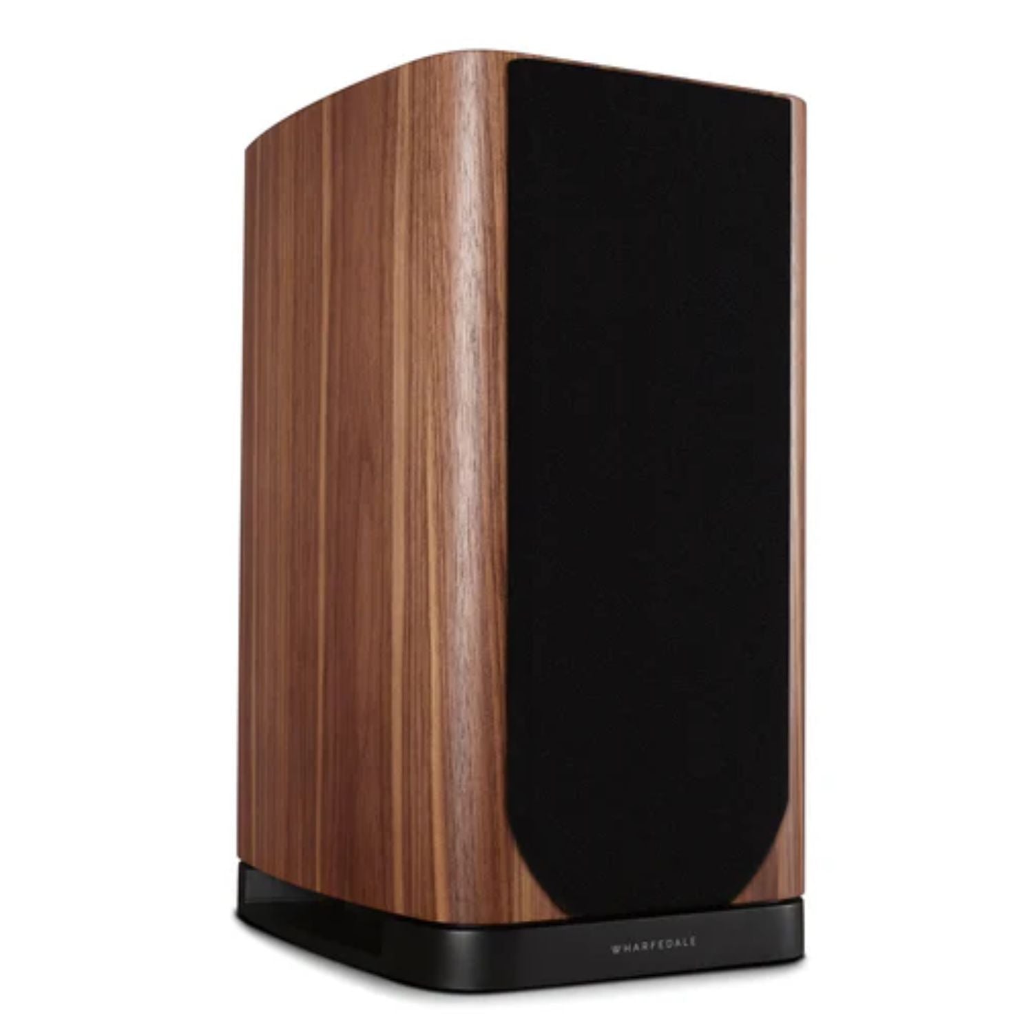 WHARFEDALE EVO 5.2 - 6” 3-way Standmount Bookshelf Speaker in Walnut finish standing against a white backdrop without it's cover. This is available to shop at Vinyl Sound.