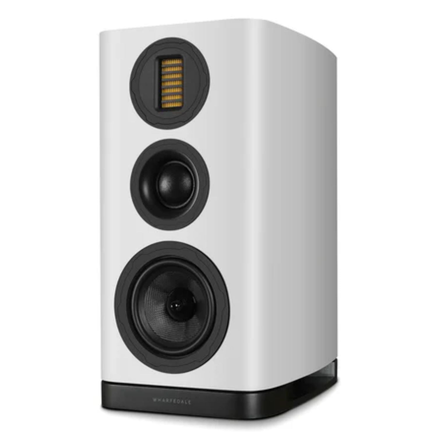 WHARFEDALE EVO 5.2 - 6” 3-way Standmount Bookshelf Speaker in White color standing against a white backdrop. This is available to shop at Vinyl Sound.