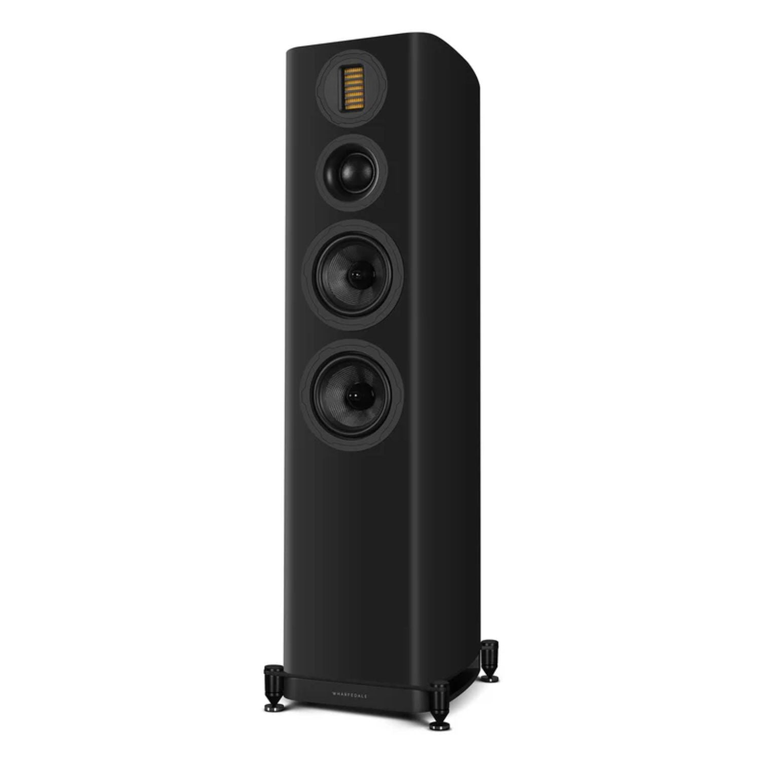 WHARFEDALE EVO5.3 Dual 5” 3-way Floorstanding Speaker in Black color standing against a white backdrop. This is available to shop at Vinyl Sound.
