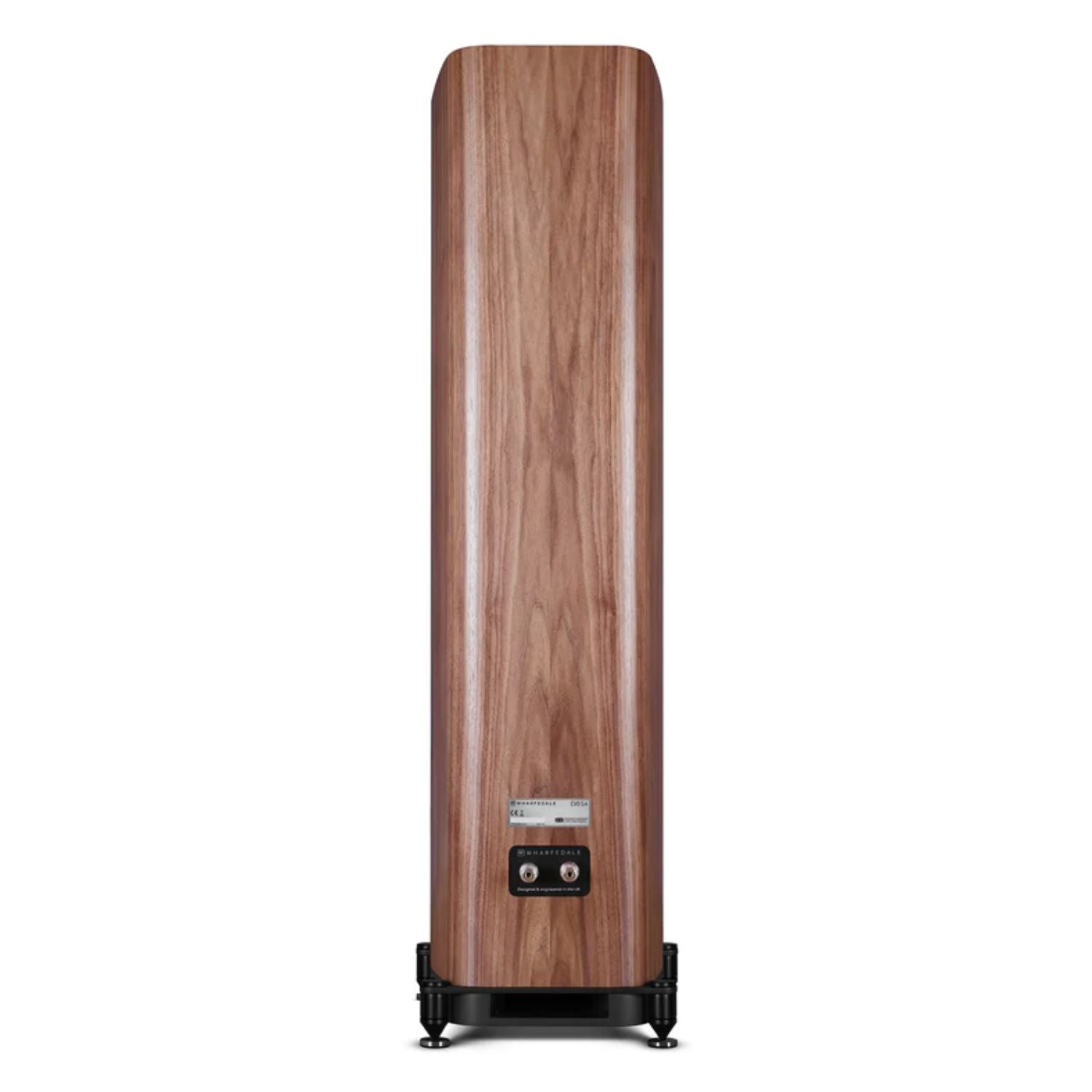 WHARFEDALE EVO5.3 Dual 5” 3-way Floorstanding Speaker in Walnut color standing against a white backdrop showing it's connection inputs. This is available to shop at Vinyl Sound.