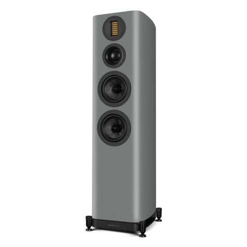 WHARFEDALE EVO5.3 Dual 5” 3-way Floorstanding Speaker in Grey color standing against a white backdrop. This is available to shop at Vinyl Sound.