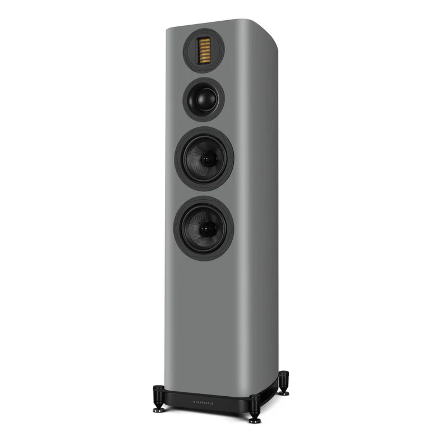 WHARFEDALE EVO5.3 Dual 5” 3-way Floorstanding Speaker in Grey color standing against a white backdrop. This is available to shop at Vinyl Sound.
