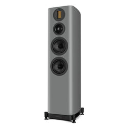 WHARFEDALE EVO5.3 Dual 5” 3-way Floorstanding Speaker in Grey color standing against a white backdrop. This is available to shop at Vinyl Sound.