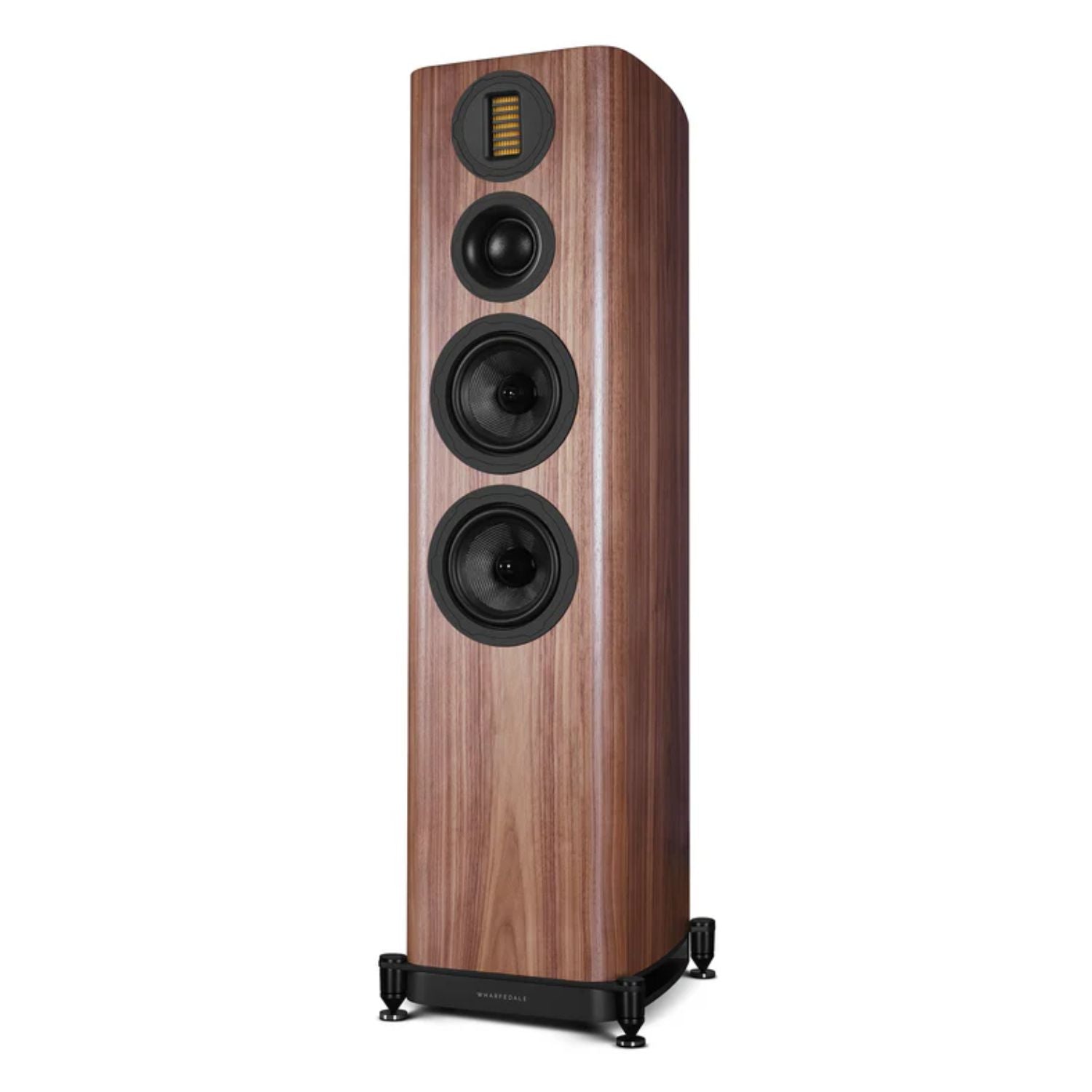 WHARFEDALE EVO5.3 Dual 5” 3-way Floorstanding Speaker in Walnut color standing against a white backdrop. This is available to shop at Vinyl Sound.